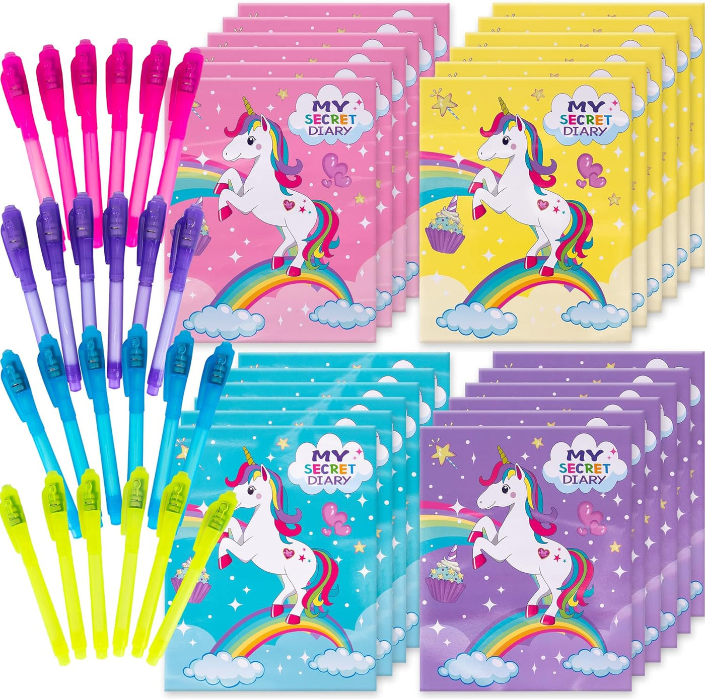 Invisible Ink Pen & Notepad Kit - 24 Sets of Unicorn Party Favor Kits - 24 UV Light Pens and 24 Secret Diary Notebooks