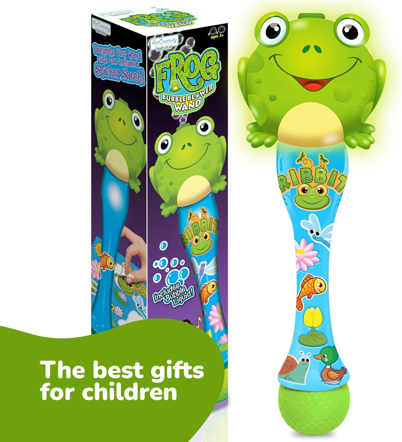 Frog Bubble Wand - Handcrafted Frog Toys with Bubbles Refill Solution, Stickers, Music & Lights - Kids Summer Outdoor Activity