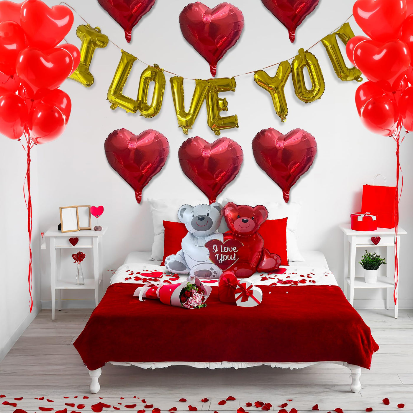 Valentines Day Balloons Decorations - Valentines Day Kit with Balloons in Teddy Bear, I Love You, and Heart Shape Designs - Artificial Rose Petals