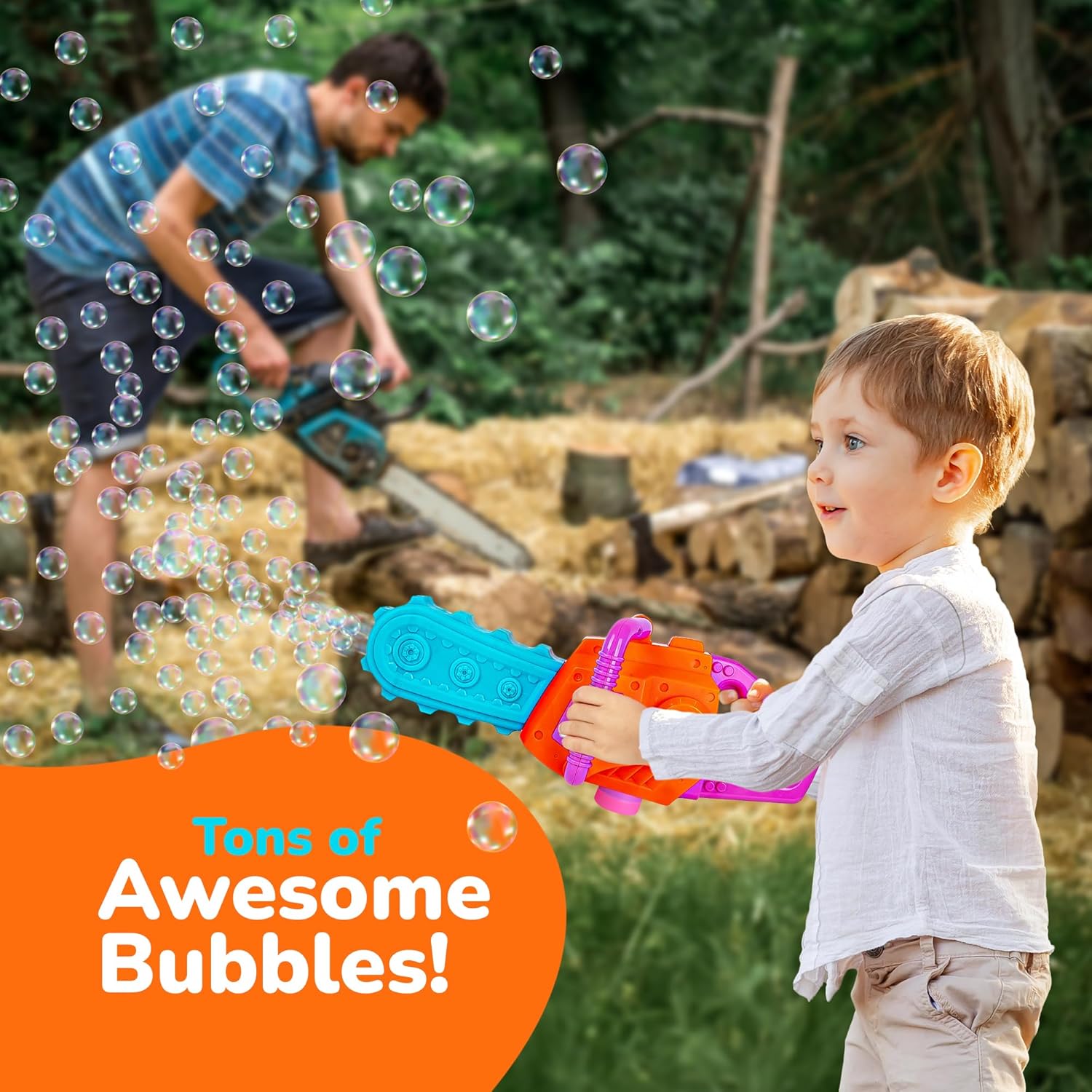 Bubble Chainsaw for Kids, Electronic Bubble Blower Machine with Bubble Solution Included, Bubble Machine with Realistic Sound, Outdoor Pretend Play Landscaping Toy for Kids Blue