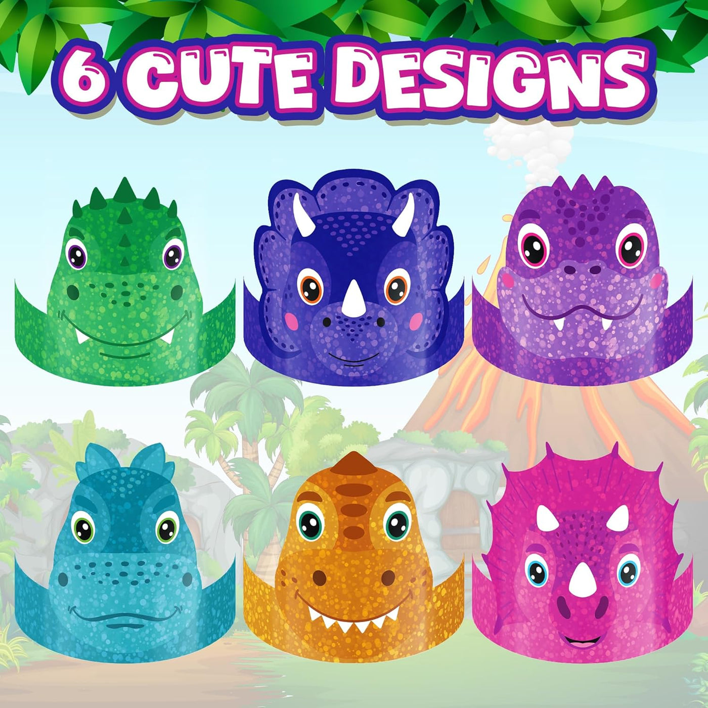 Dinosaur Party Hats - 24 Ct - Sturdy Paper Dino Party Hats in 6 Colorful Designs - Stretchy Strings for a Comfy Fit - Fun Dinosaur Party Favors & Supplies