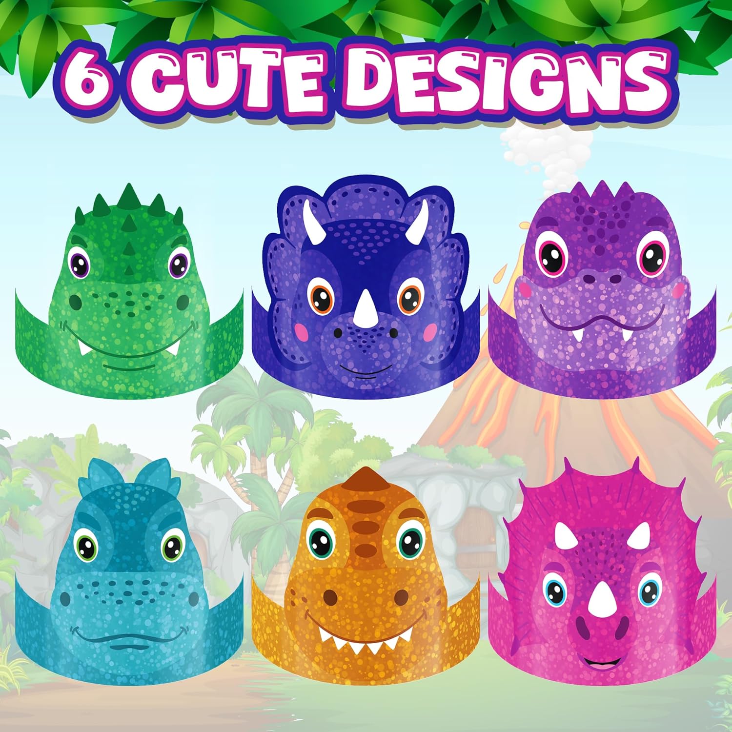 Dinosaur Party Hats - 24 Ct - Sturdy Paper Dino Party Hats in 6 Colorful Designs - Stretchy Strings for a Comfy Fit - Fun Dinosaur Party Favors & Supplies