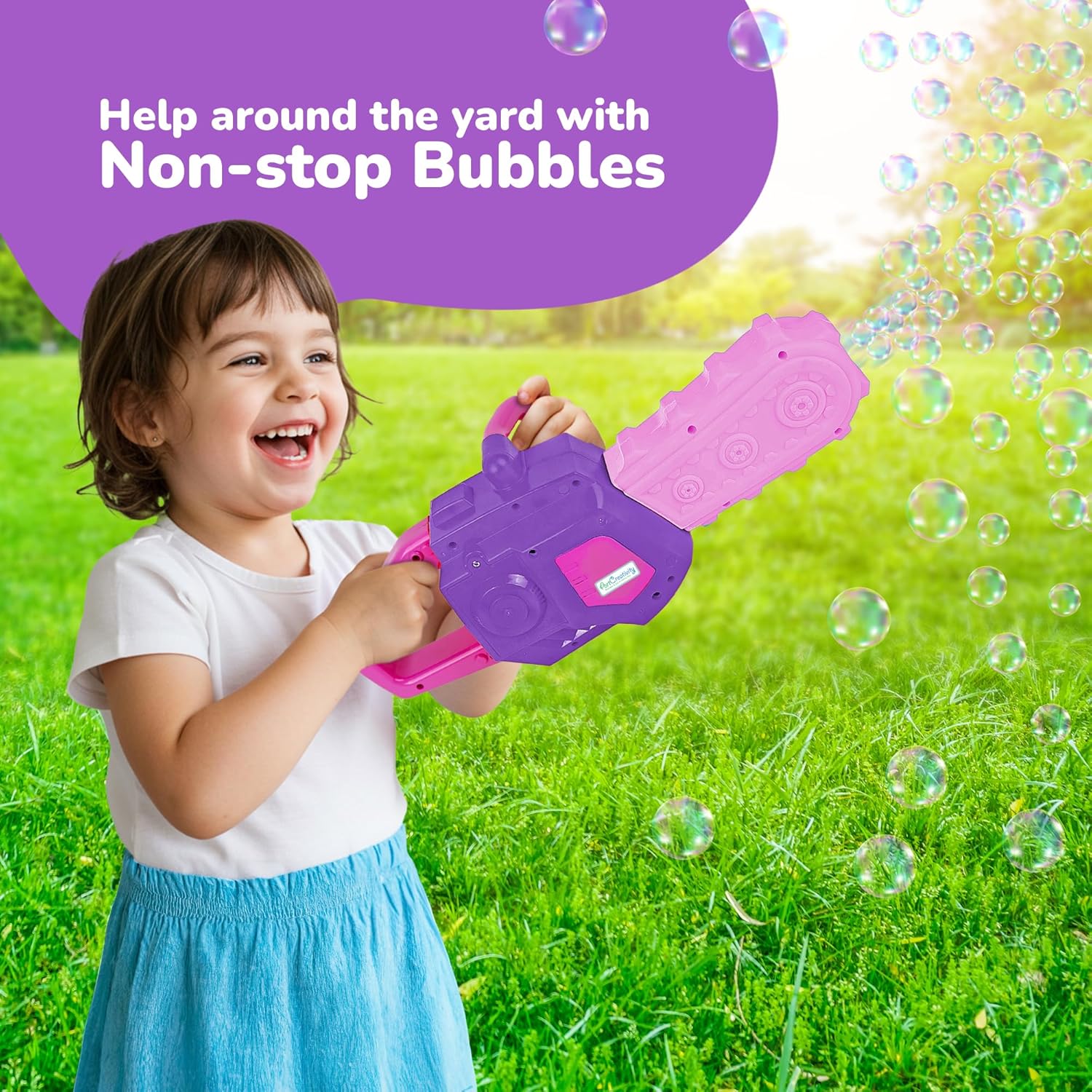 Bubble Chainsaw for Kids, Electronic Bubble Blower Machine with Bubble Solution Included, Bubble Machine with Realistic Sound, Outdoor Pretend Play Landscaping Toy for Kids Pink & Purple
