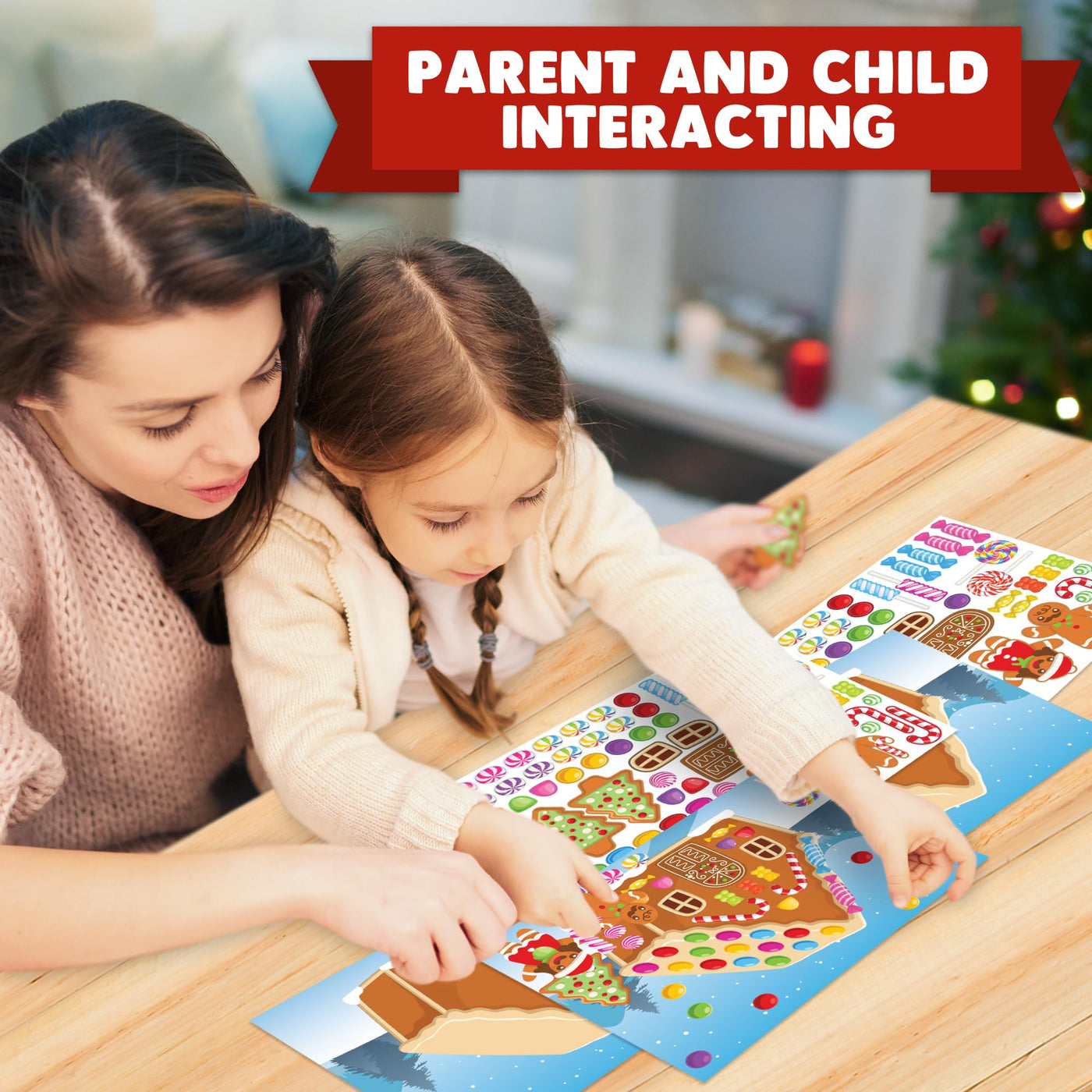 Gingerbread House Sticker Craft for Kids - Gingerbread House Sticker Scene with 13 Background Sheets and 13 Sticker Sheets