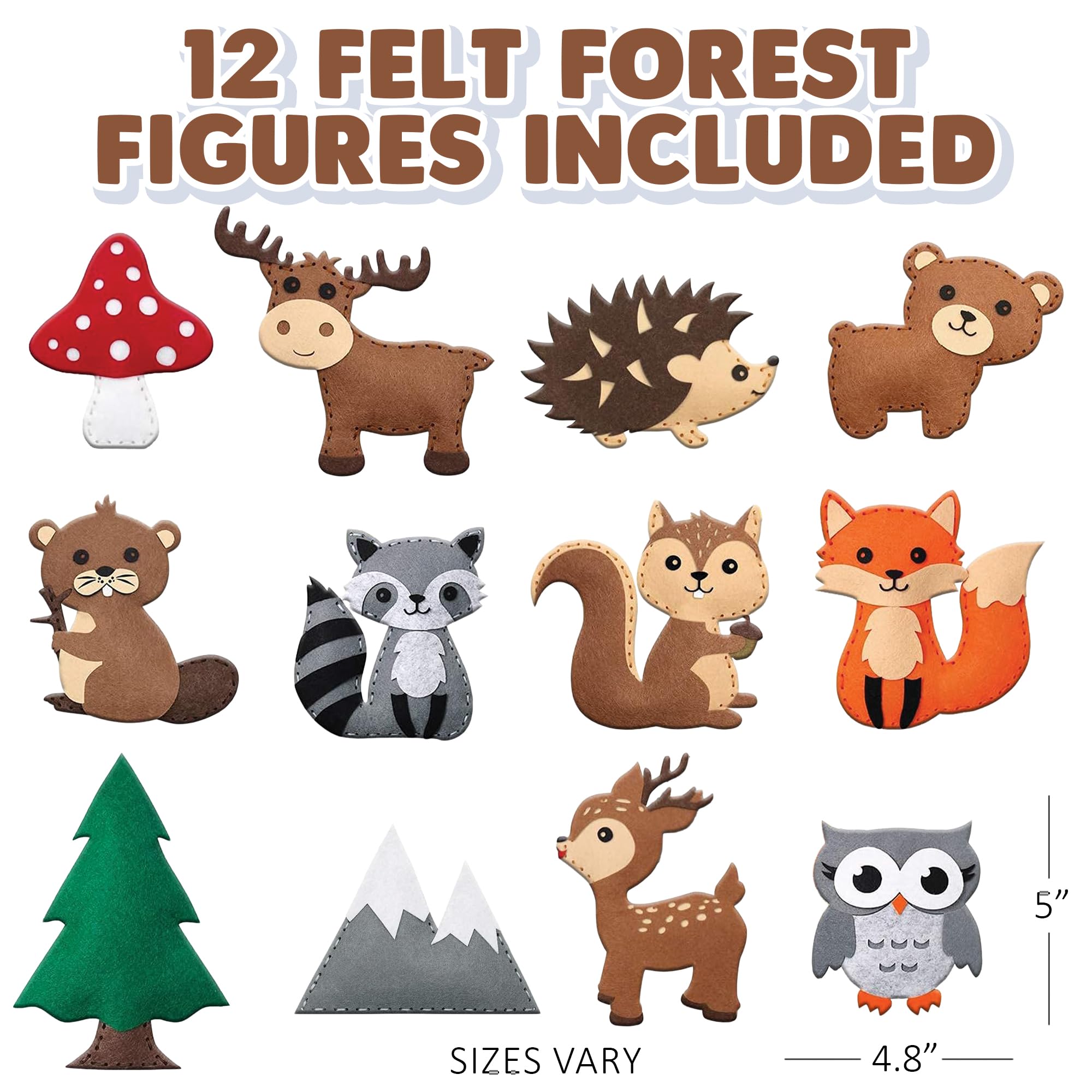 Woodland Animal Felt Sewing Kit for Kids - Stuffed Animal Sewing Craft Kit with 12 Characters, 6 Child-Friendly Needles, 7 Thread Bundles, 1 Bag of Stuffing, and Scissors