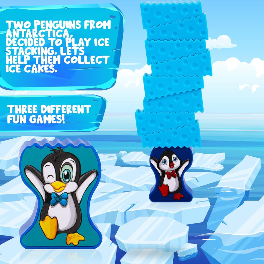 Stacking Penguin Ice Game for Kids - 20 Ice Stacking Toy Pieces, 2 Penguins, and Sticker Sheet - 3 Unique Challenges