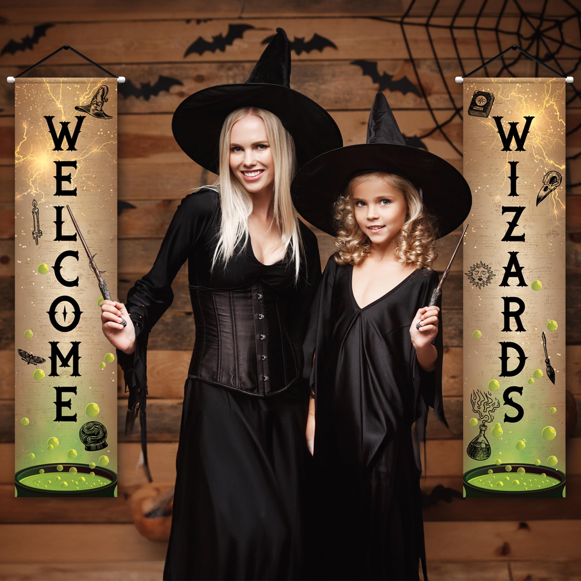 Welcome Wizards Door Banner - 2 Pieces - 4 Feet Long Wizard Banner - Polyester Magic Party Banners with Dowels and String for Easy Hanging