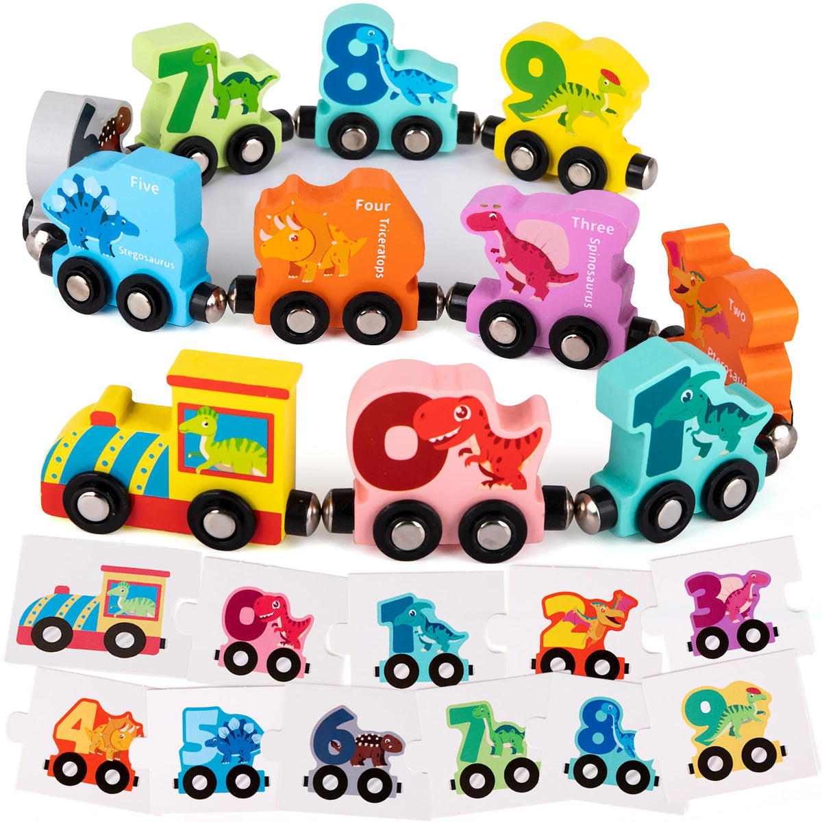 Train Magnétique En Bois Dinosaure – 11 Wagons Numérotés 0 à 9 – Jeux éducatifs Montessori – Dès 3 Ans