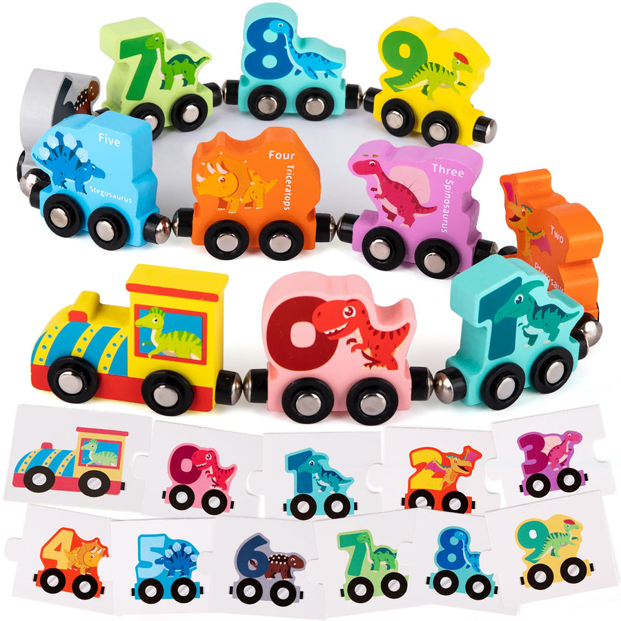 Wooden Dinosaur Train Counting Set - 10 Pieces - Magnetic Dinosaur Train Set with Fun Counting Puzzle