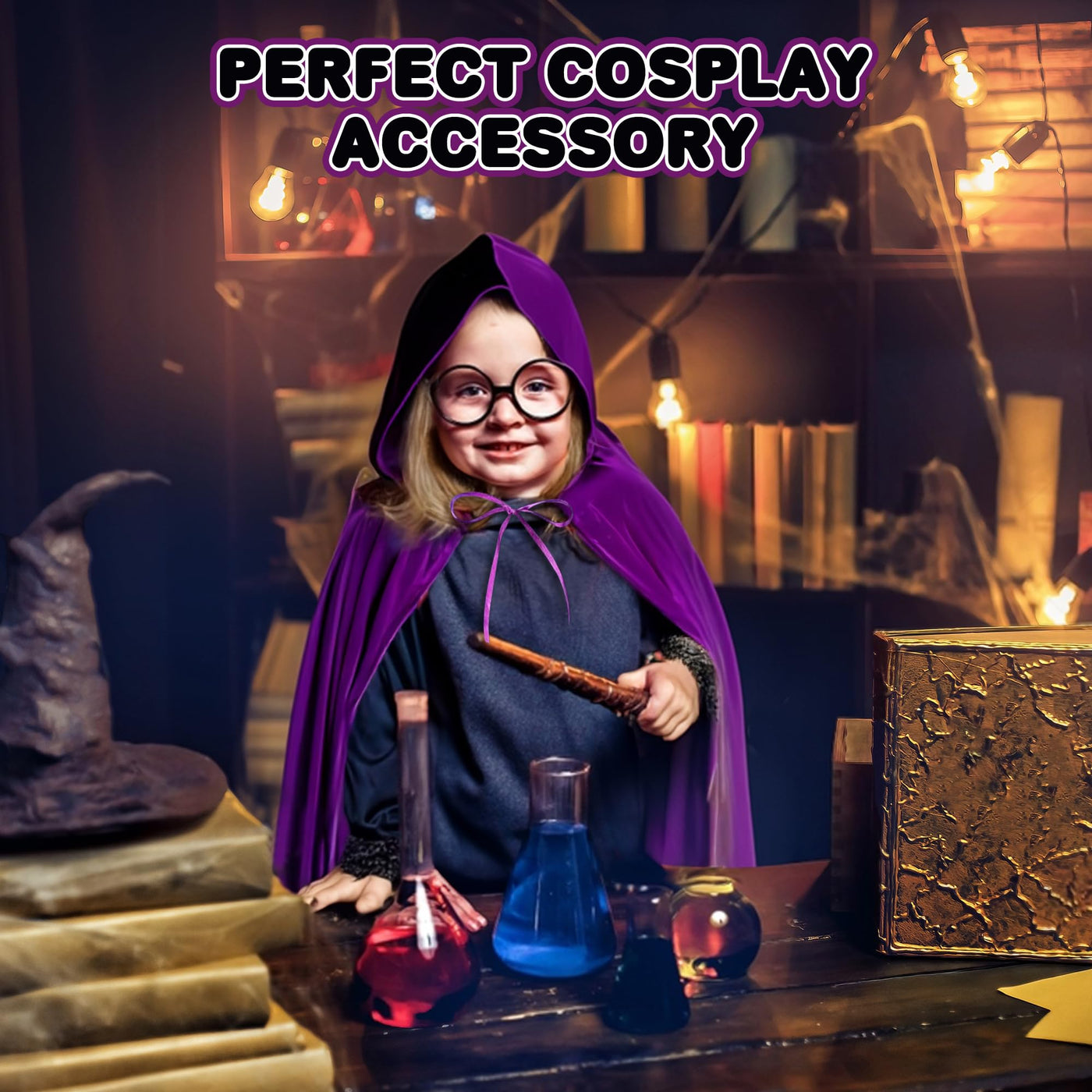 Velvet Purple Hooded Cloak for Kids - 3ft Long Kids Cloak - Dark Purple Cape with Hood and String Closure - Vampire Cape for Kids