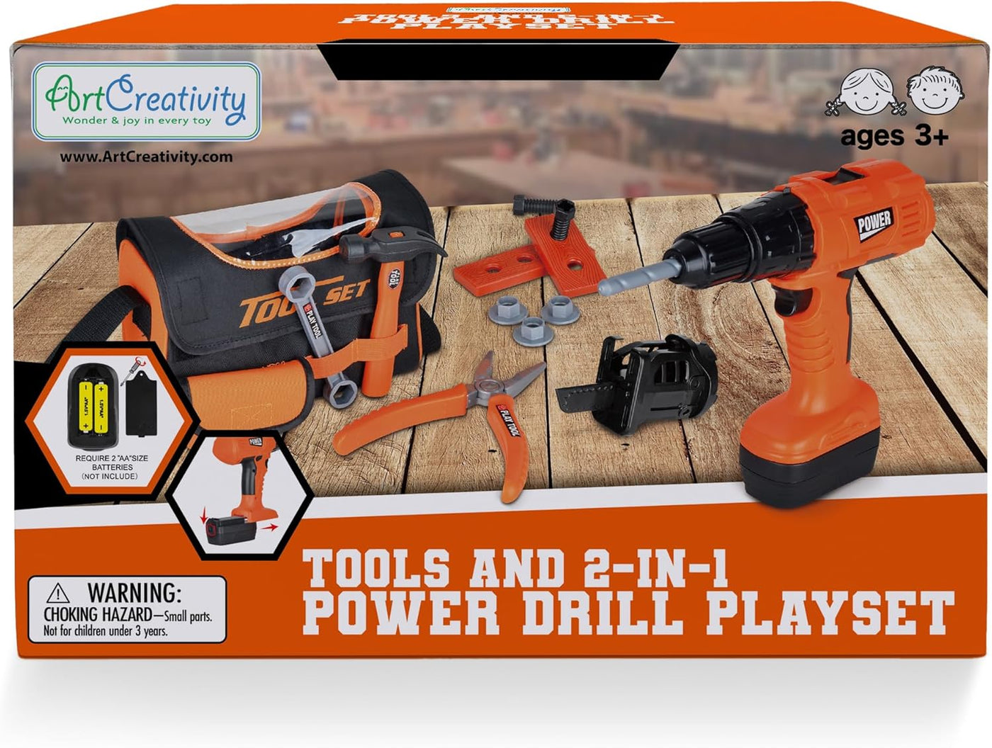 Power Drill Tool Set for Kids - Pretend Playset with 2-in-1 Toy Drill with Lights, Sounds, Motion - Includes Toy Hammer, Pliers, Bolts, Screwdriver and More - Sturdy Bag for Storage
