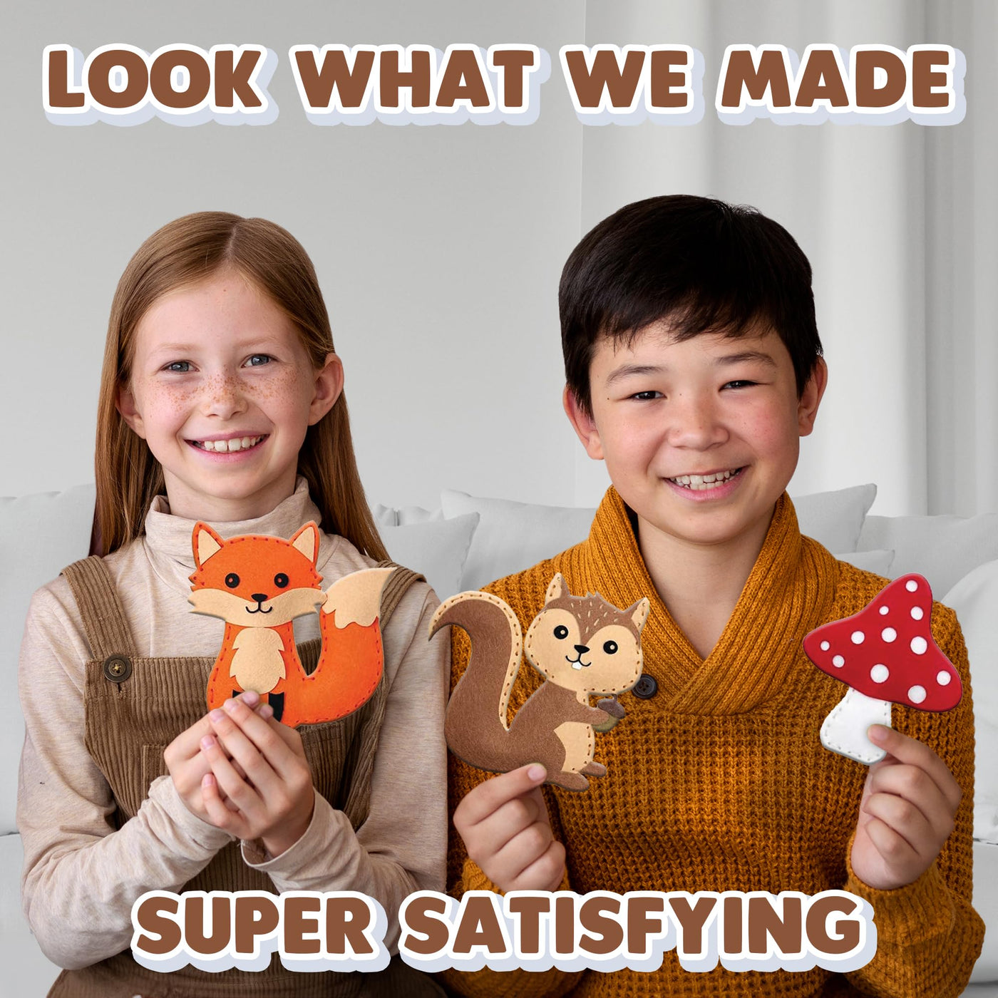 Woodland Animal Felt Sewing Kit for Kids - Stuffed Animal Sewing Craft Kit with 12 Characters, 6 Child-Friendly Needles, 7 Thread Bundles, 1 Bag of Stuffing, and Scissors