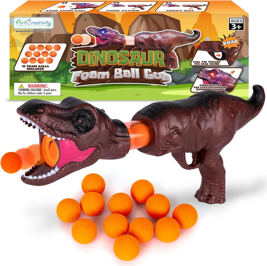LED Dinosaur Foam Blaster Gun - Pump Action Foam Gun Toy with 12 Foam Balls - Roaring Sound Effects and Light Up Eyes - Batteries Included