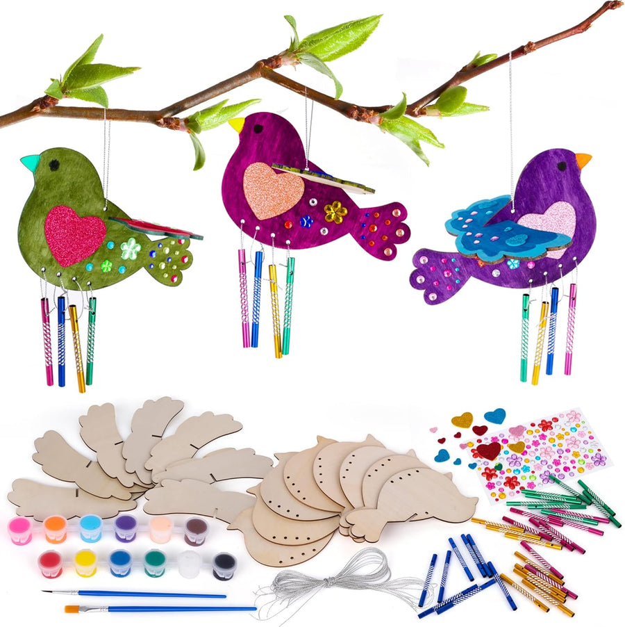 DIY Wind Chime Kit for Kids - 8 Pack - Wooden Wind Chime Set with Paint Kit, Rhinestone Flower Stickers, Glitter Heart Foam Stickers, and More