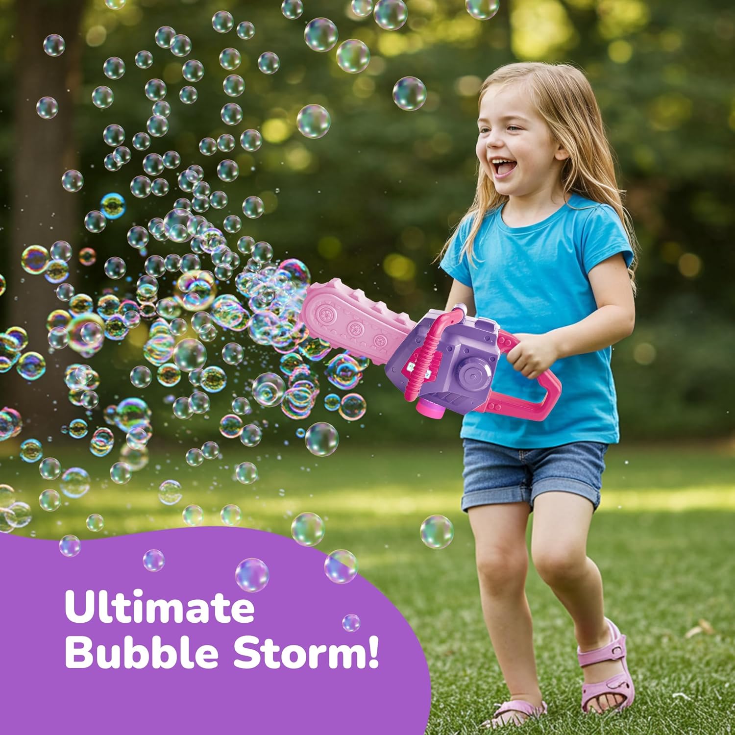 Bubble Chainsaw for Kids, Electronic Bubble Blower Machine with Bubble Solution Included, Bubble Machine with Realistic Sound, Outdoor Pretend Play Landscaping Toy for Kids Pink & Purple