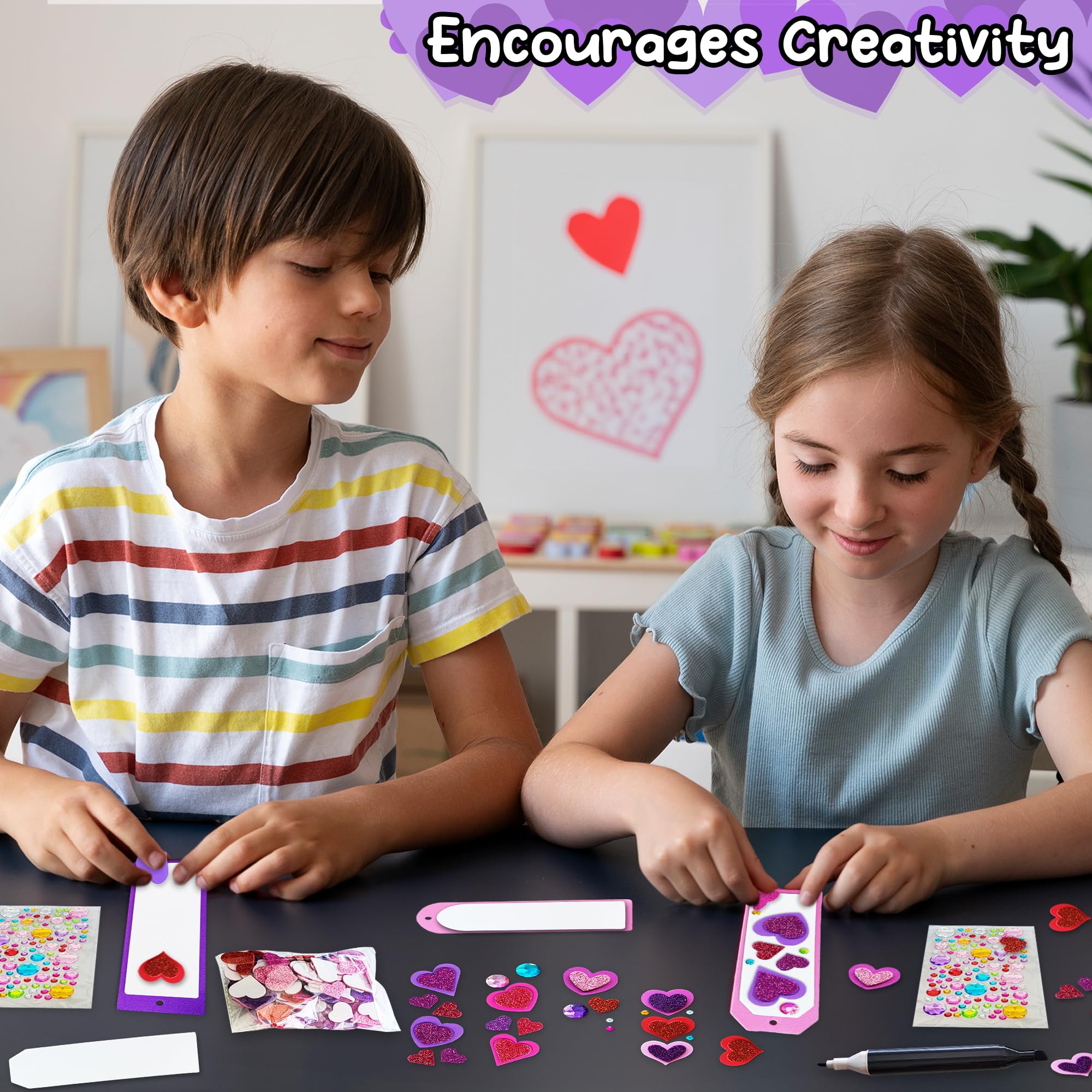 314 PCS Valentine’s Day Bookmark Craft Kit - Makes 24 Bookmarks - Valentine Crafts for Kids Classroom - Valentines Bookmark Craft Kit with Hearts, Glitter Stickers, Rhinestones, Ribbons