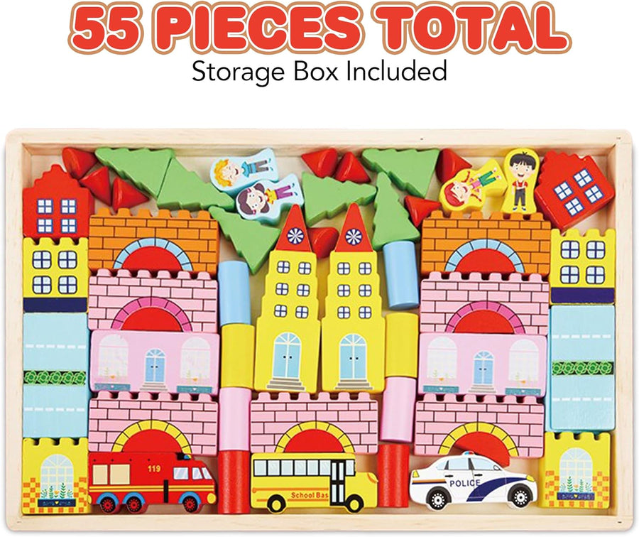 Wooden Town Playset for Kids - 55 Piece Block City Set - Wooden City Building Blocks Play Set with Buildings, Trees, Vehicles, and People - Wooden Tray for Storage and Display