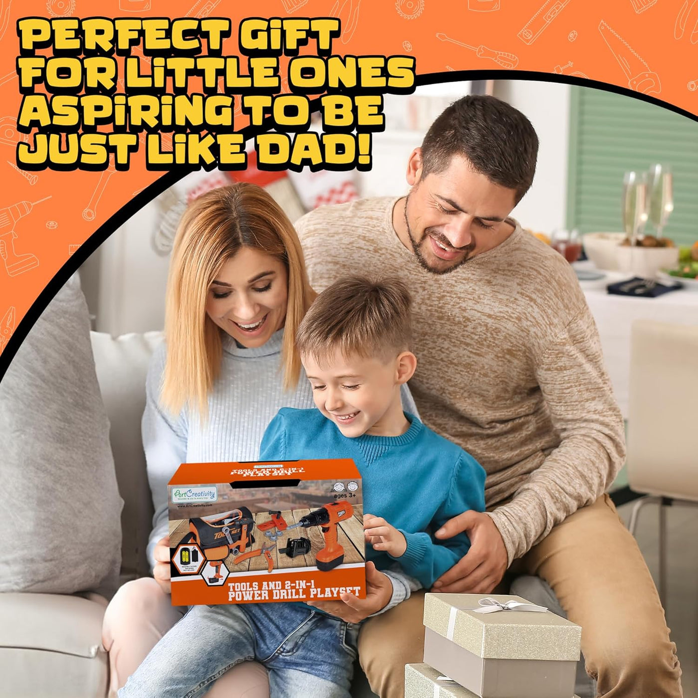 Power Drill Tool Set for Kids - Pretend Playset with 2-in-1 Toy Drill with Lights, Sounds, Motion - Includes Toy Hammer, Pliers, Bolts, Screwdriver and More - Sturdy Bag for Storage