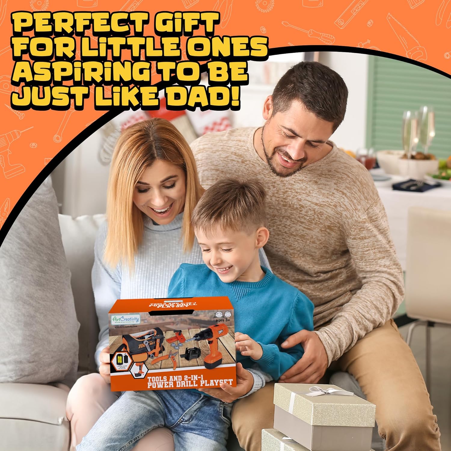 Power Drill Tool Set for Kids - Pretend Playset with 2-in-1 Toy Drill with Lights, Sounds, Motion - Includes Toy Hammer, Pliers, Bolts, Screwdriver and More - Sturdy Bag for Storage