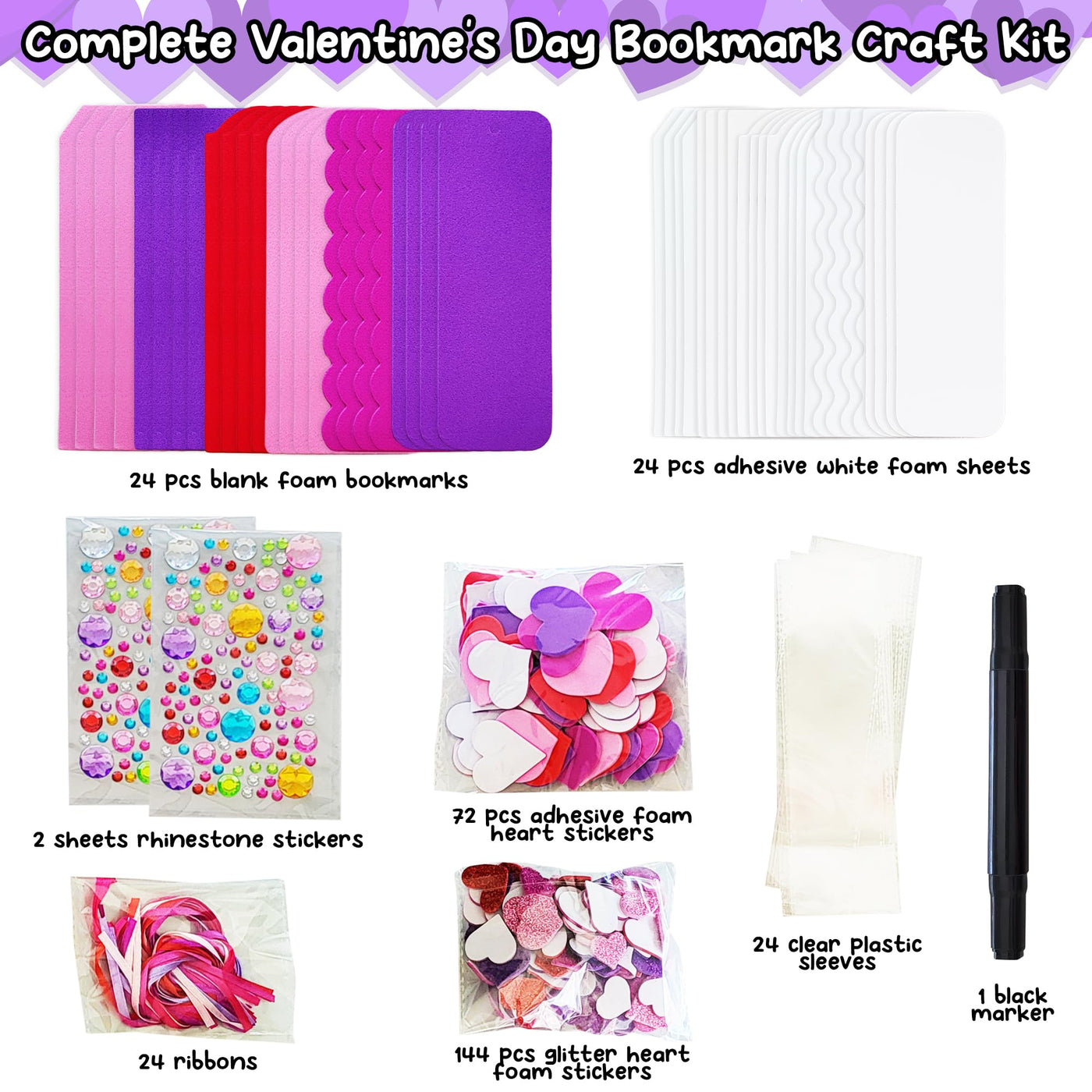 314 PCS Valentine’s Day Bookmark Craft Kit - Makes 24 Bookmarks - Valentine Crafts for Kids Classroom - Valentines Bookmark Craft Kit with Hearts, Glitter Stickers, Rhinestones, Ribbons
