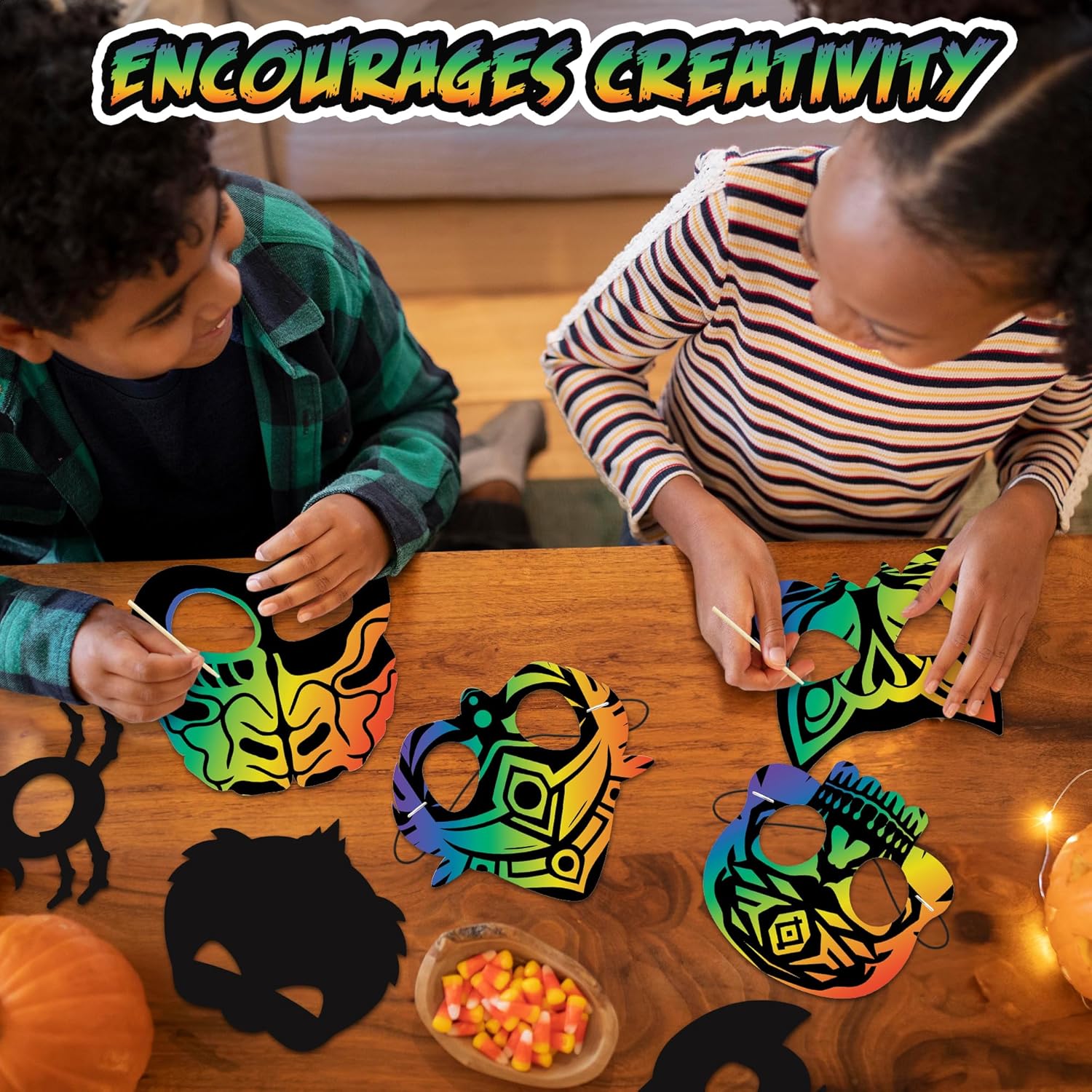 Halloween Scratch Masks for Kids - Set of 60 Halloween Scratch Art Masks - Includes Bulk Halloween Masks, Elastic Strings, and Wooden Scratch Sticks