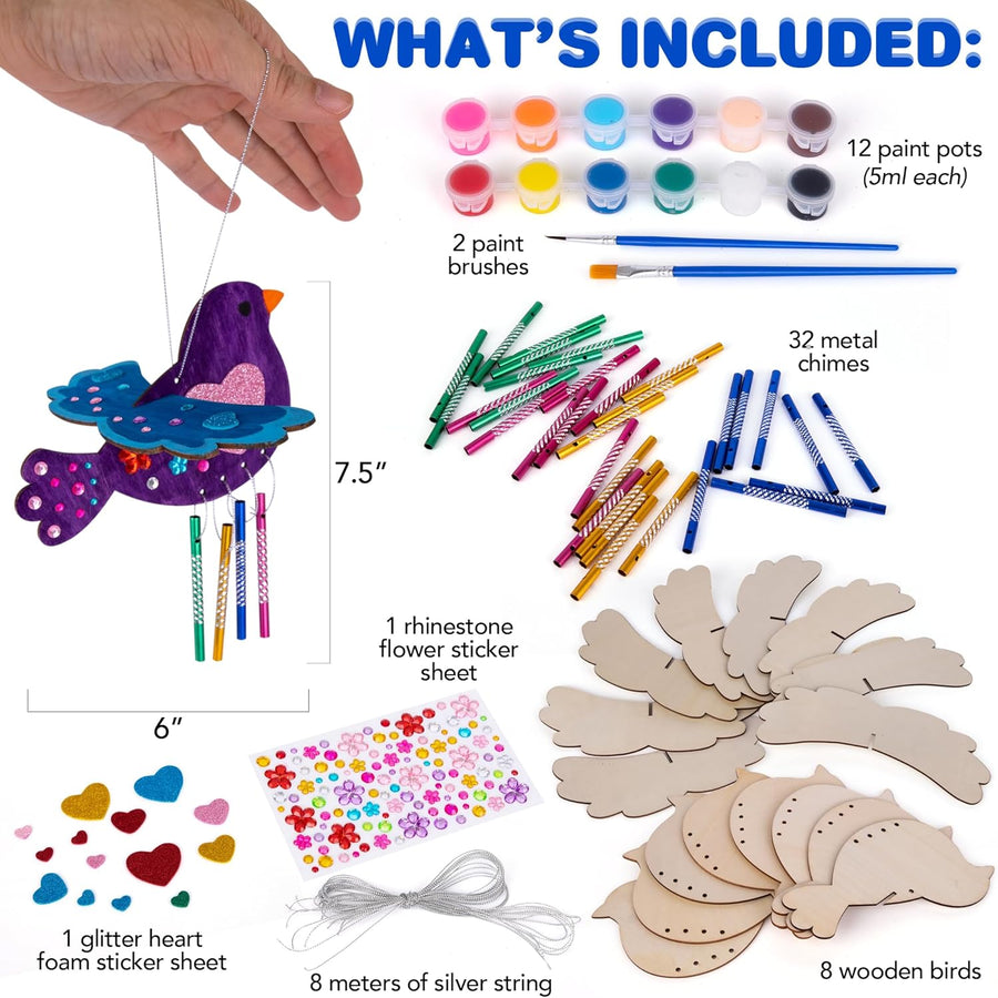 DIY Wind Chime Kit for Kids - 8 Pack - Wooden Wind Chime Set with Paint Kit, Rhinestone Flower Stickers, Glitter Heart Foam Stickers, and More