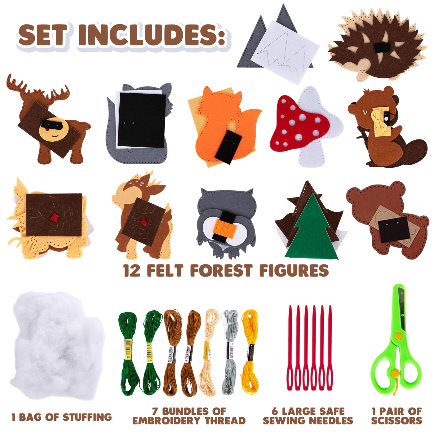 Woodland Animal Felt Sewing Kit for Kids - Stuffed Animal Sewing Craft Kit with 12 Characters, 6 Child-Friendly Needles, 7 Thread Bundles, 1 Bag of Stuffing, and Scissors