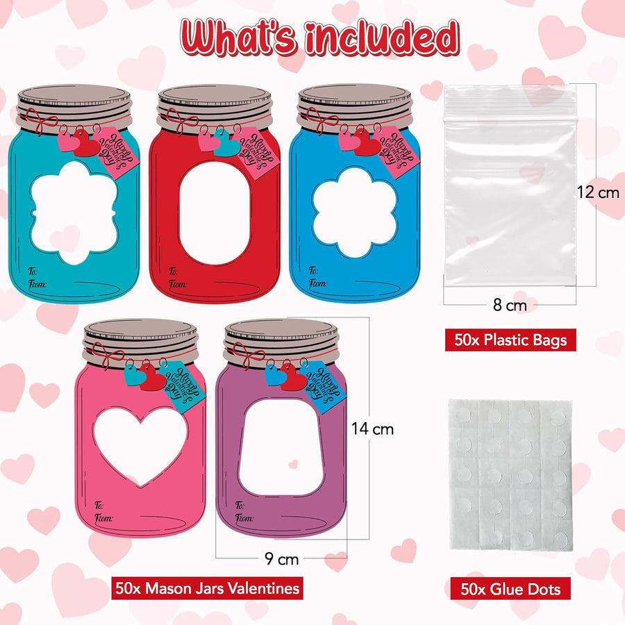 Mason Jar Valentines Day Cards - Set of 50 - Kids Valentine Candy Jar Cards with 50 Plastic Bags and Glue