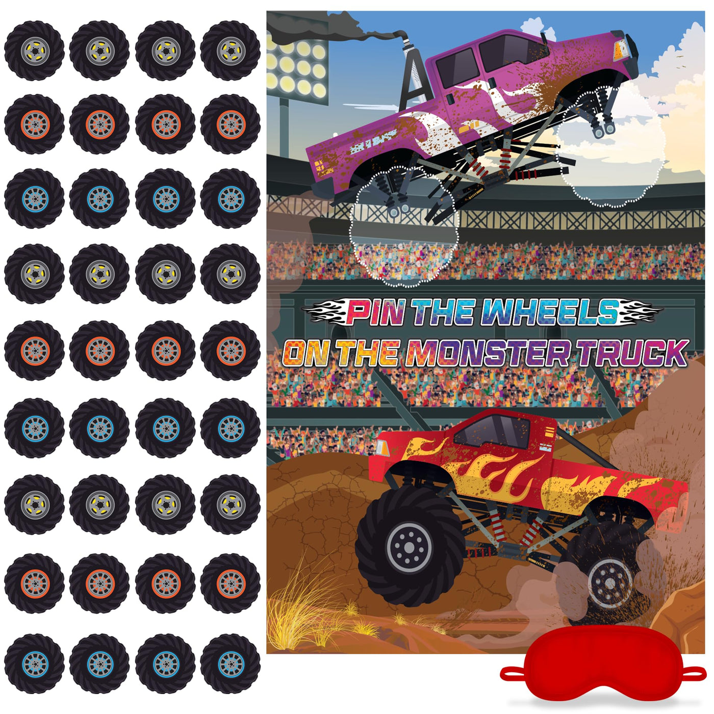 Pin The Wheels on The Monster Truck - Monster Truck Game for Kids with 1 Poster, 36 Stickers, and 1 Blindfold