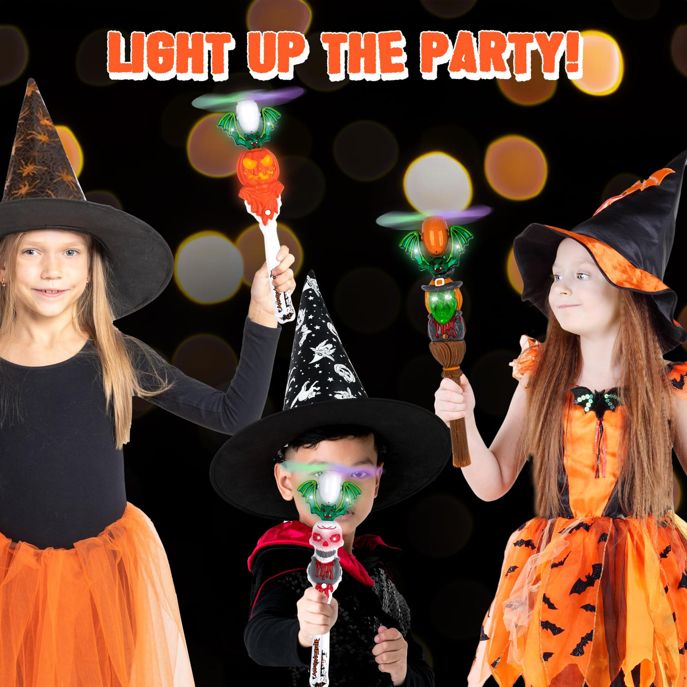 Halloween Light Up Spinner Wands with Sounds, Set of 3 LED Halloween Wands, Witch, Pumpkin, and Skull Wands for Kids