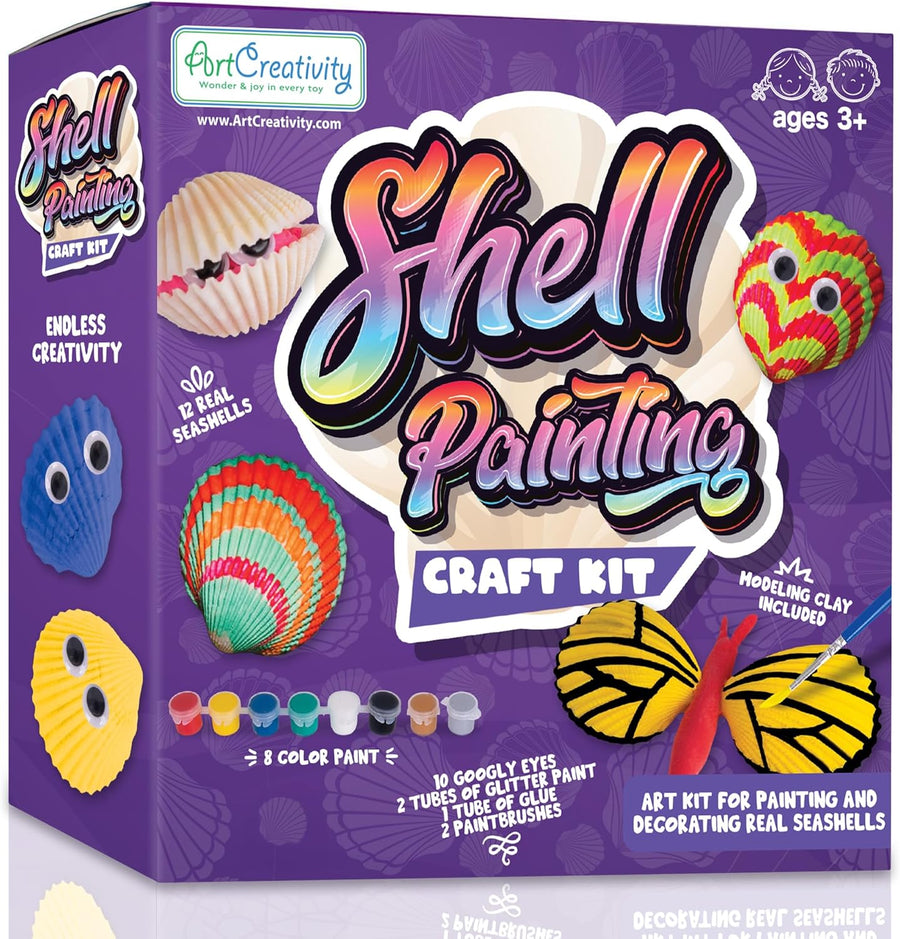 Seashell Painting Kit for Kids - Sea Shell Craft Kit with 12 Real Seashells, 8 Paint Pots, 2 Glitter Paint Tubes, Air Dry Clay, and More