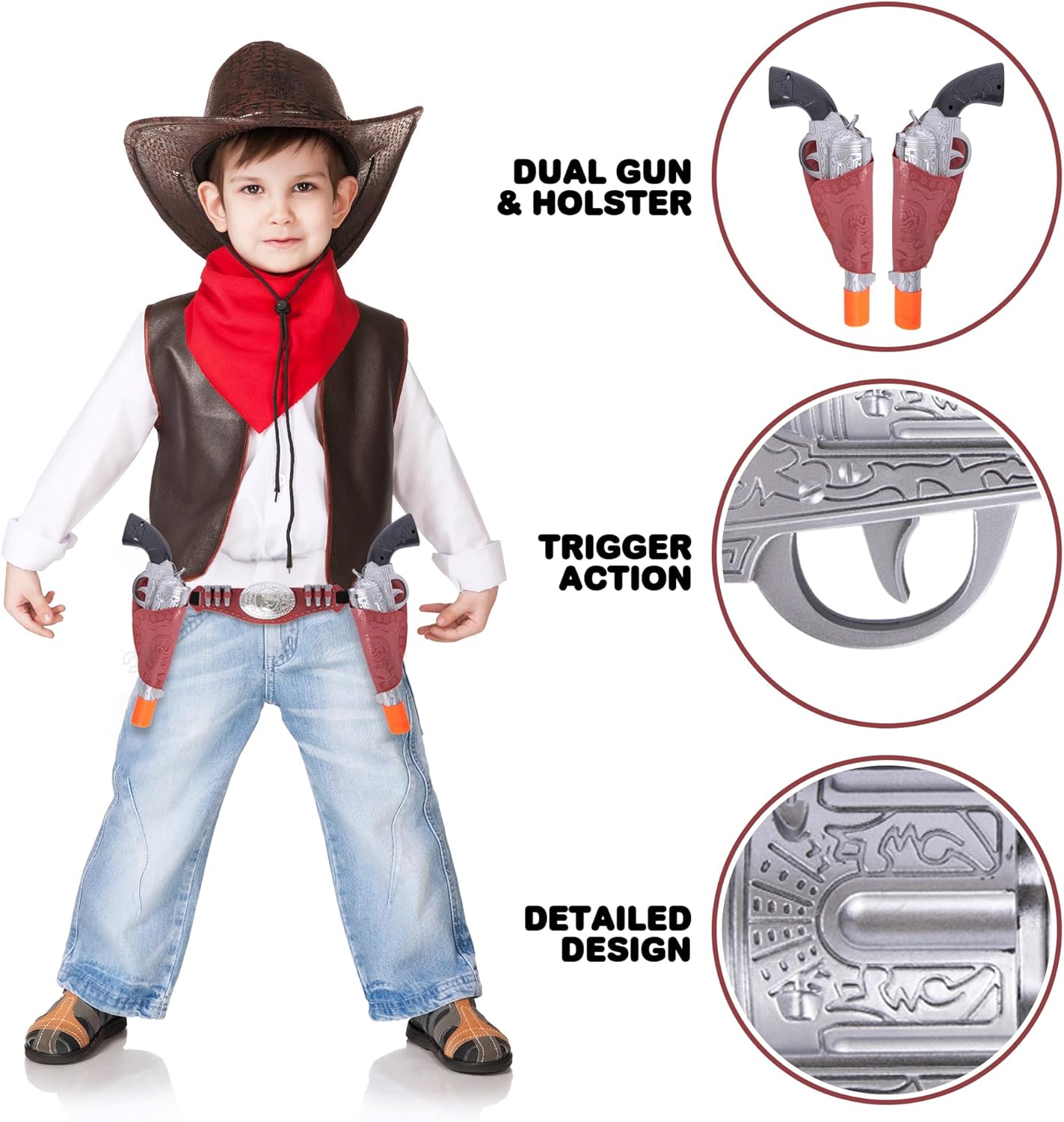 Cowboy Gun Belt and Holster - Cowboy Holster Set Includes 2 Toy Guns with Sound, Toy Gun Holster, Brown Western Belt, and 6 Fake Bullets