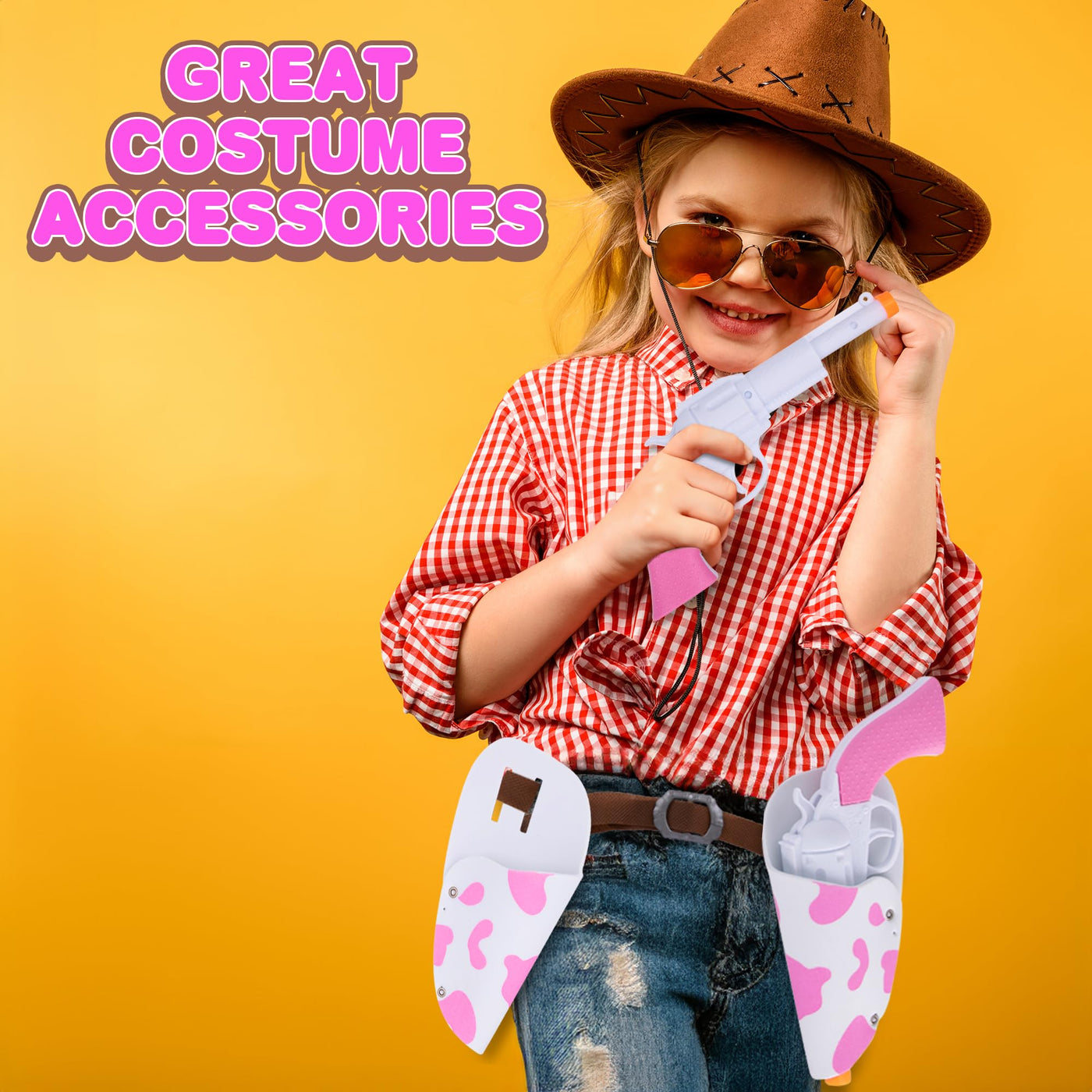 Pink Cowgirl Holster and Western Toy Gun Set - Pink Toy Gun with Holster for Girls Cowgirl Costume, 2 Gun Toys, and Brown Western Belt