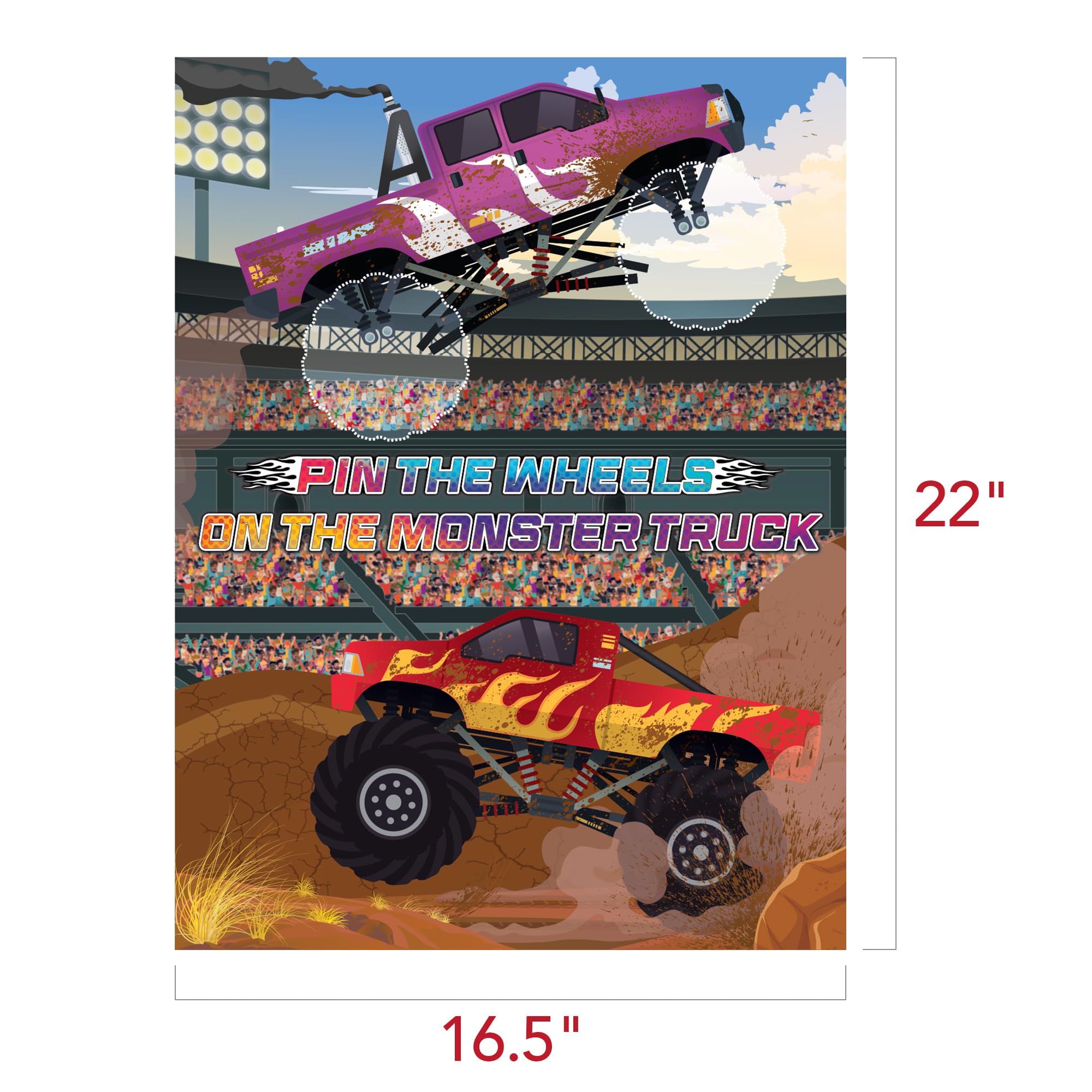 Pin The Wheels on The Monster Truck - Monster Truck Game for Kids with 1 Poster, 36 Stickers, and 1 Blindfold