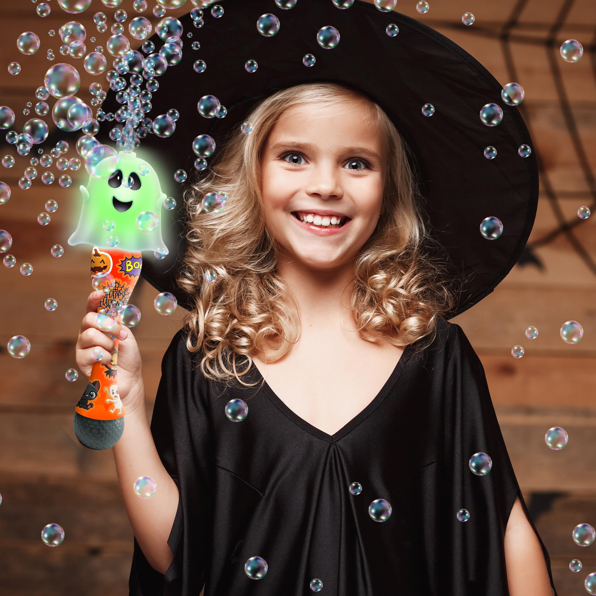 Halloween Bubble Wand for Kids, 14" Light Up Ghost Bubble Wand for Toddlers with Thrilling LED & Sound Effect