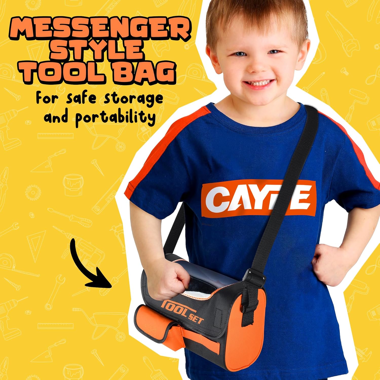 Power Drill Tool Set for Kids - Pretend Playset with 2-in-1 Toy Drill with Lights, Sounds, Motion - Includes Toy Hammer, Pliers, Bolts, Screwdriver and More - Sturdy Bag for Storage