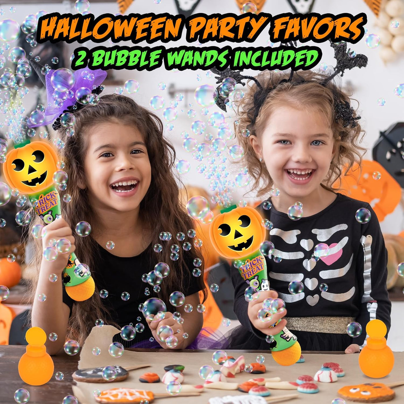 Halloween Bubble Wand for Kids, 14" Light Up Pumpkin Bubble Wand