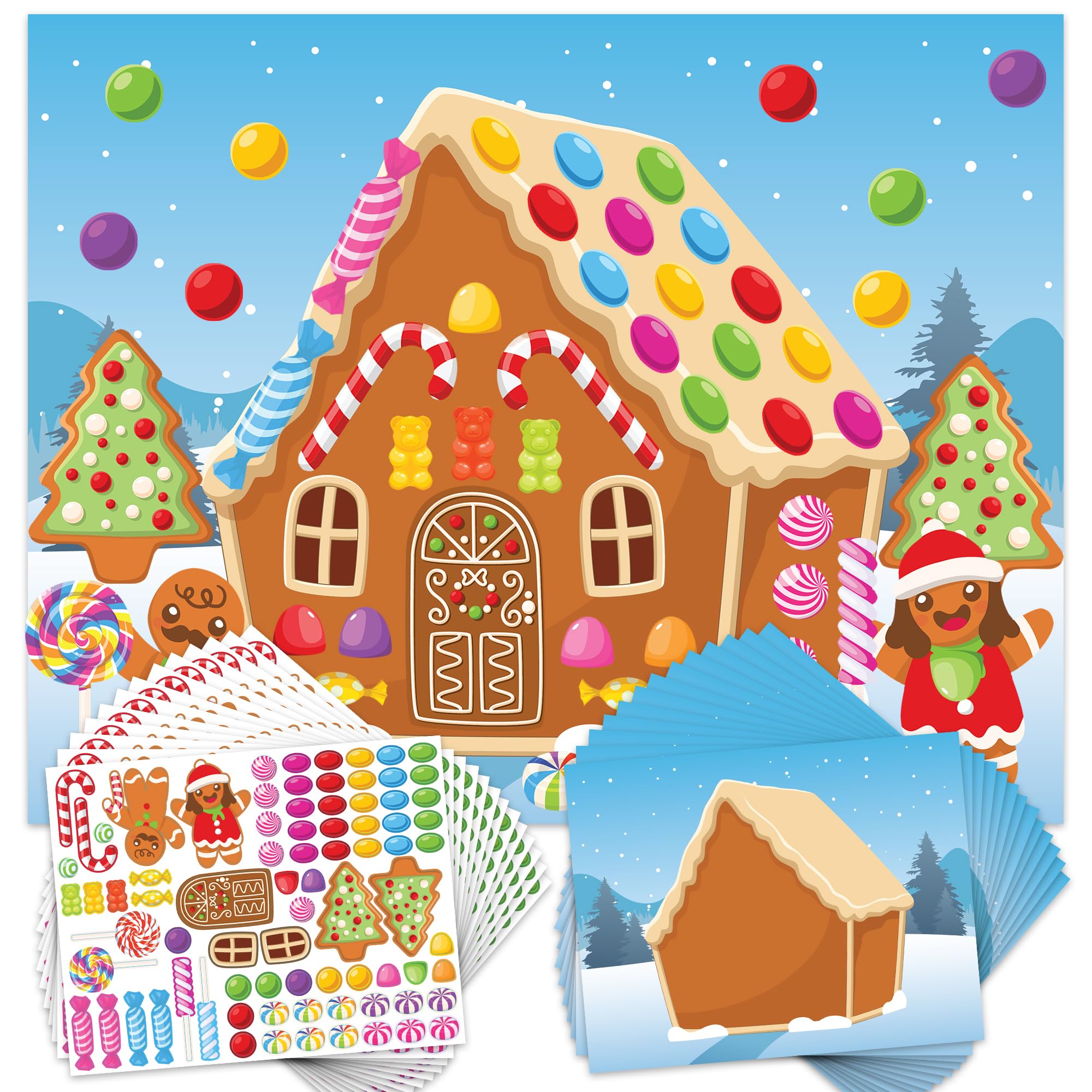 Gingerbread House Sticker Craft for Kids - Gingerbread House Sticker Scene with 13 Background Sheets and 13 Sticker Sheets