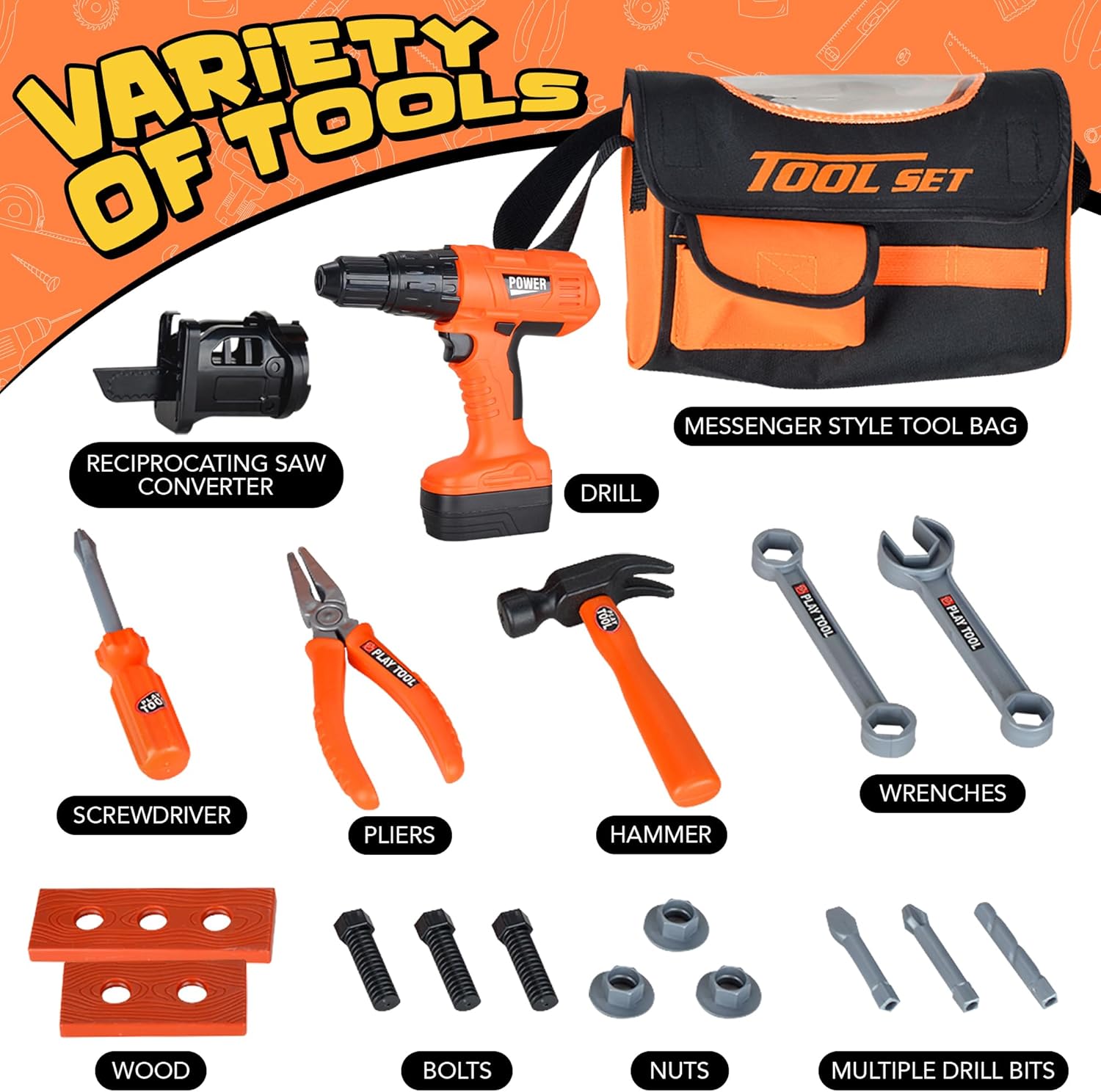 Power Drill Tool Set for Kids - Pretend Playset with 2-in-1 Toy Drill with Lights, Sounds, Motion - Includes Toy Hammer, Pliers, Bolts, Screwdriver and More - Sturdy Bag for Storage
