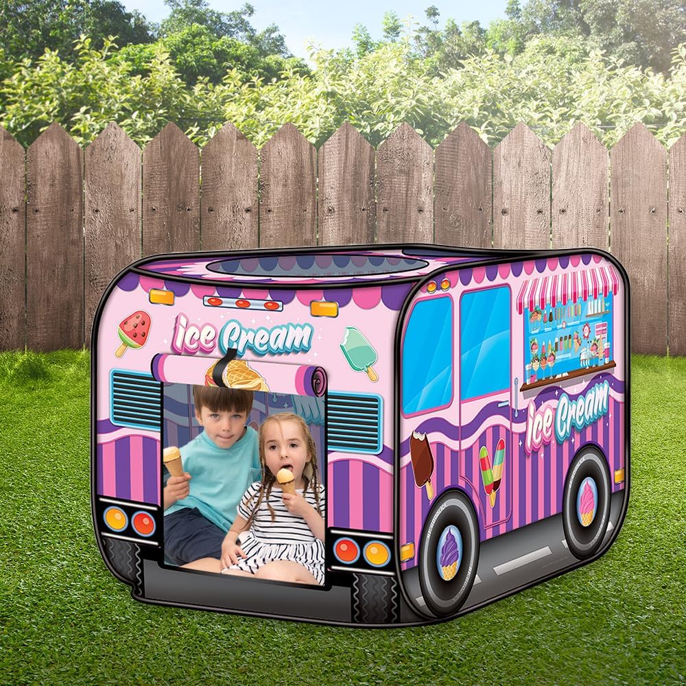 Ice Cream Truck Tent with Carry Bag, Pop Up Indoor - Outdoor Tent for Kids, Indoor Playhouse with 2 Openings, Flat-Folding Play Tent for Toddlers, Compact Storage 43.5 x 28 x 26.5"es