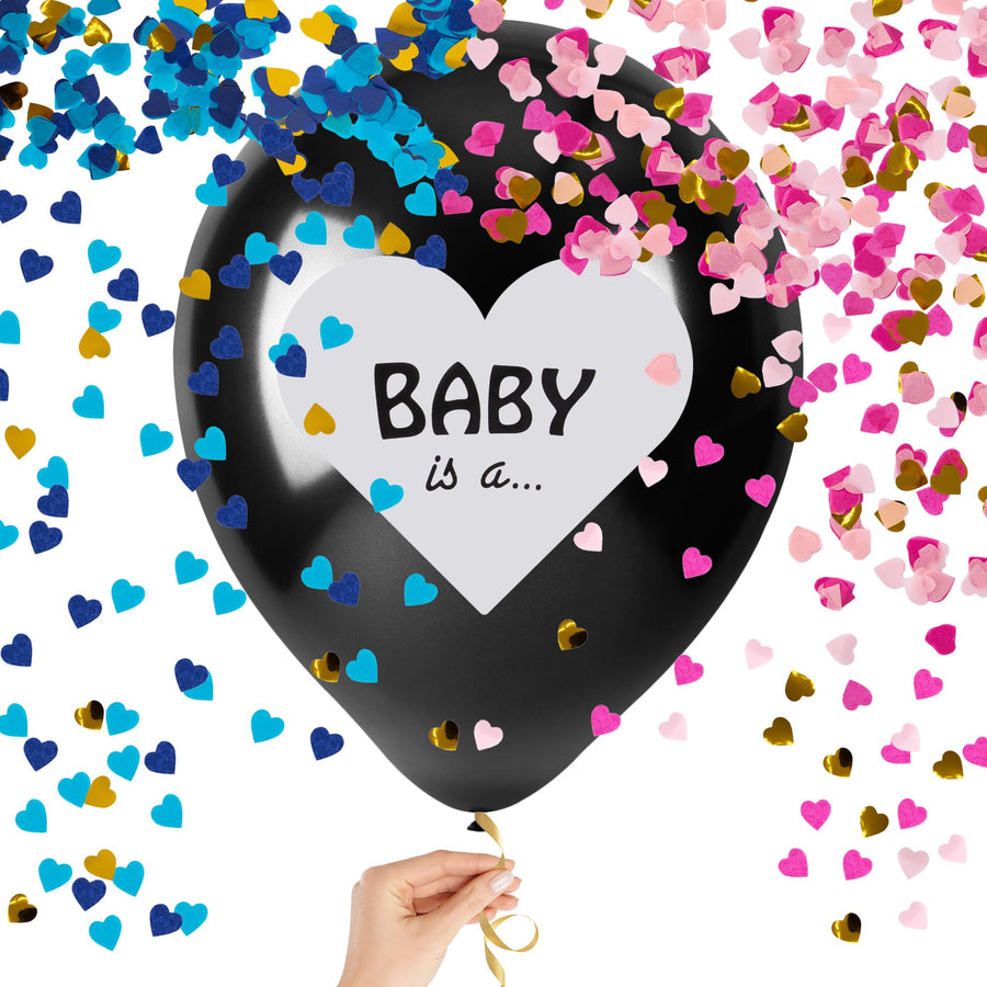 Black Gender Reveal Balloon Kit - Includes 2 Jumbo 36" Baby Gender Reveal Balloons, 1 Pack Blue/Gold Confetti, 1 Pack Pink/Gold Confetti, and Gold Tie Ribbon