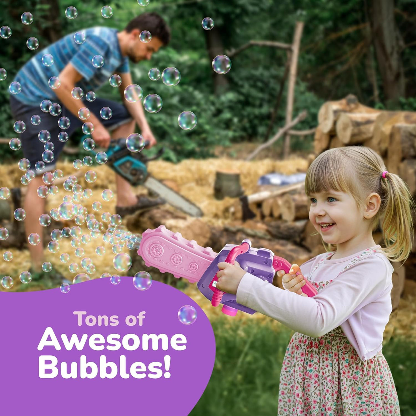 Bubble Chainsaw for Kids, Electronic Bubble Blower Machine with Bubble Solution Included, Bubble Machine with Realistic Sound, Outdoor Pretend Play Landscaping Toy for Kids Pink & Purple