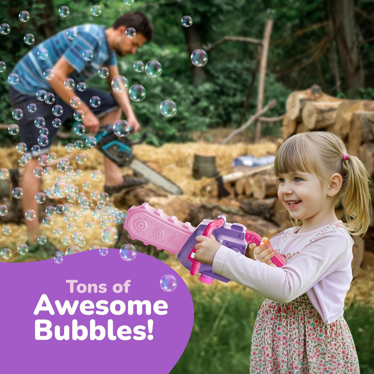 Bubble Chainsaw for Kids, Electronic Bubble Blower Machine with Bubble Solution Included, Bubble Machine with Realistic Sound, Outdoor Pretend Play Landscaping Toy for Kids Pink & Purple