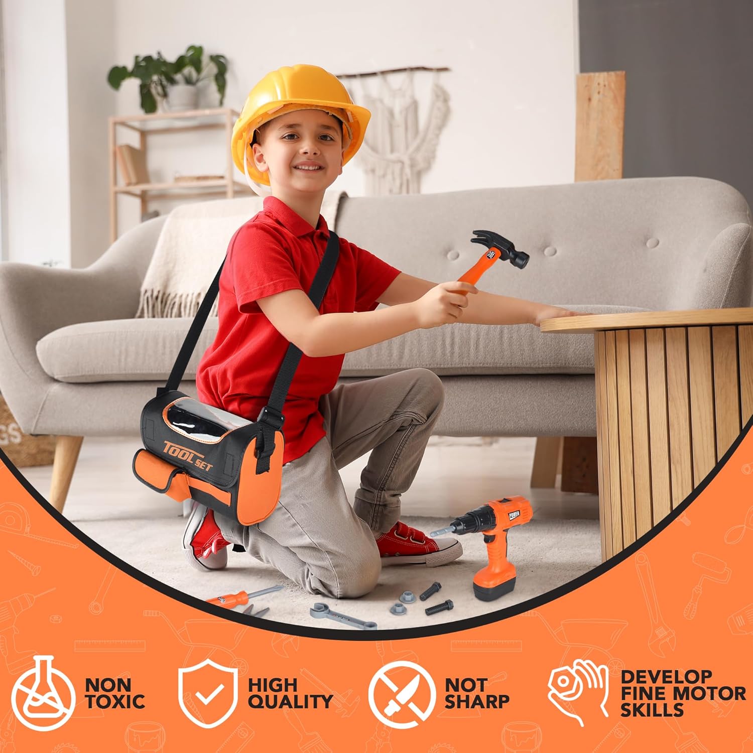 Power Drill Tool Set for Kids - Pretend Playset with 2-in-1 Toy Drill with Lights, Sounds, Motion - Includes Toy Hammer, Pliers, Bolts, Screwdriver and More - Sturdy Bag for Storage