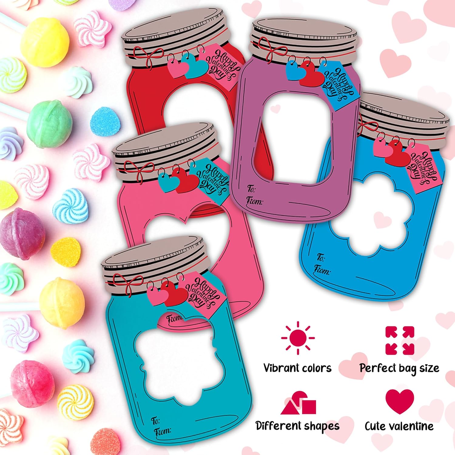 Mason Jar Valentines Day Cards - Set of 50 - Kids Valentine Candy Jar Cards with 50 Plastic Bags and Glue