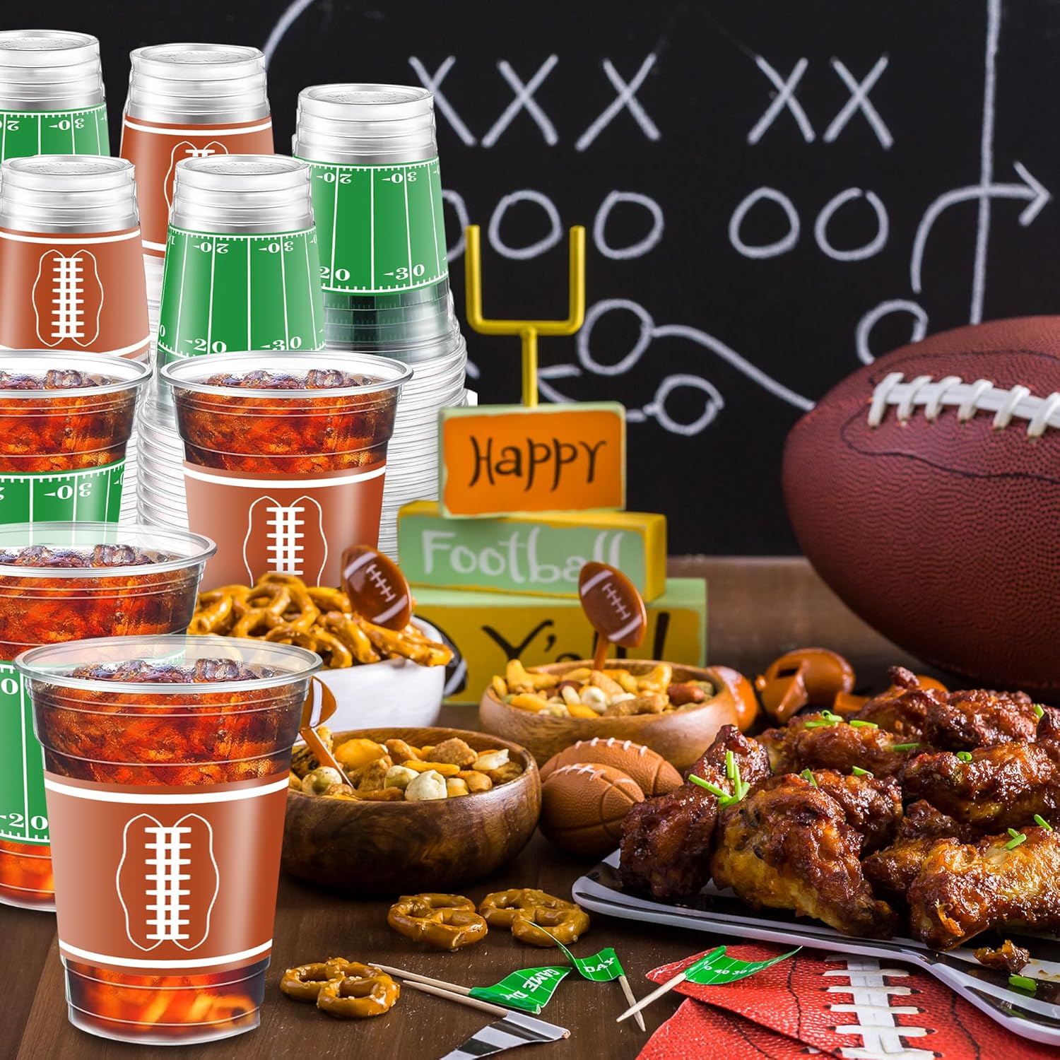 50 Pcs 16oz Football Party Cups - Superbowl Football Theme Cups Party Supplies - Football Disposable Plastic Party Cups - 2 Designs for Football Birthday Party Table Decorations