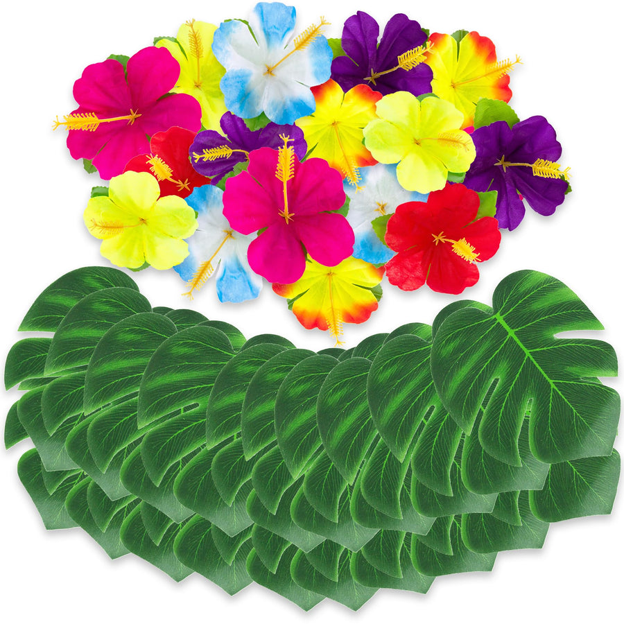 Hawaiian Flower Luau Decorations - 60-PC Set with 36 Palm Leaves and 24 Artificial Hibiscus Flowers