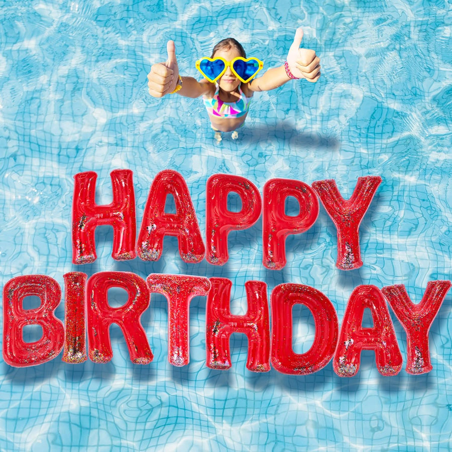 Happy Birthday Pool Party Decorations - Red Happy Birthday Pool Float with Confetti Inside - Large 20 Inch Floating Pool Letters with Velcro Ties