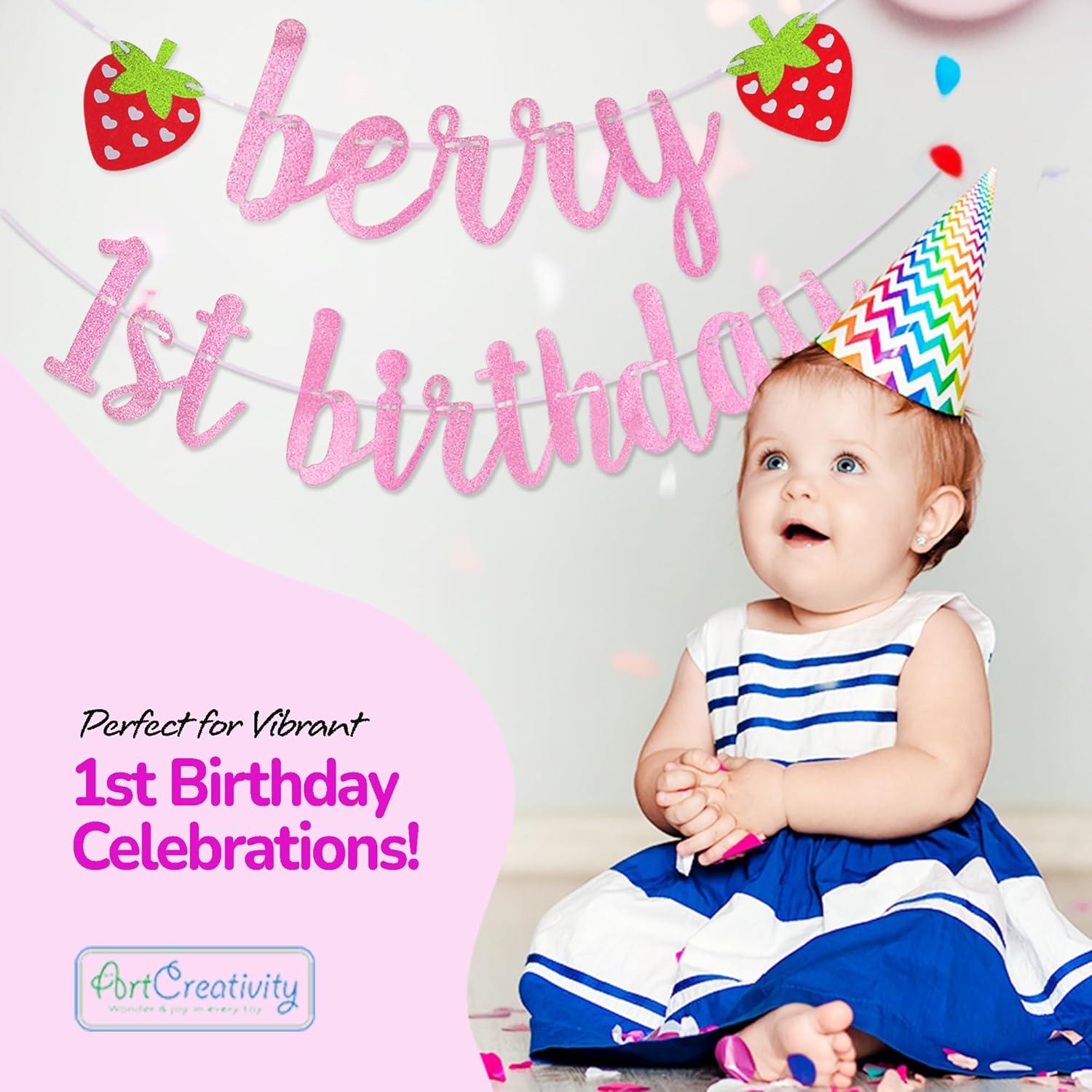 Berry First Birthday Banner - 1st Happy Birthday Banner with 3 Strawberry Cutouts and Letters in Pink Glitter - Cute Photo Backdrop for Boys and Girls - Strawberry Party Decorations