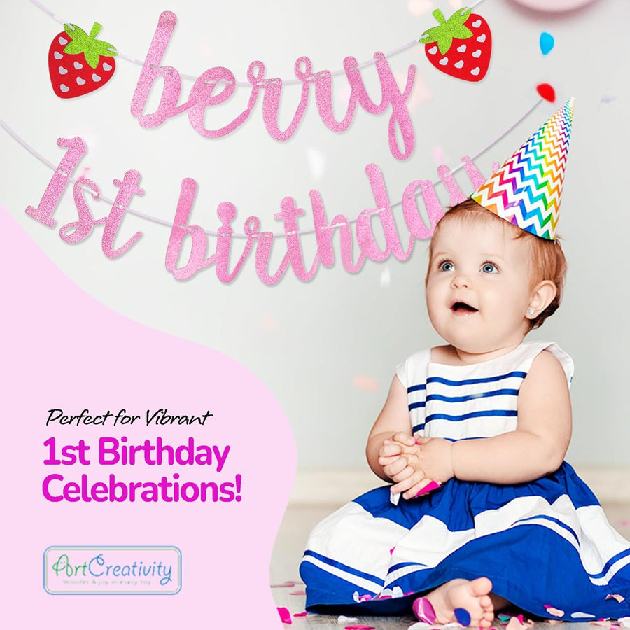 Berry First Birthday Banner - 1st Happy Birthday Banner with 3 Strawberry Cutouts and Letters in Pink Glitter - Cute Photo Backdrop for Boys and Girls - Strawberry Party Decorations